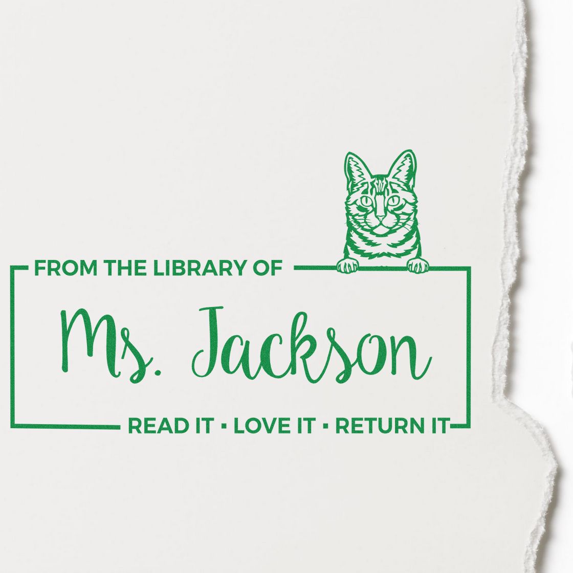 Custom library rubber stamp with cat illustration and From the Library of Ms. Jackson  Read it, Love it, Return it text.