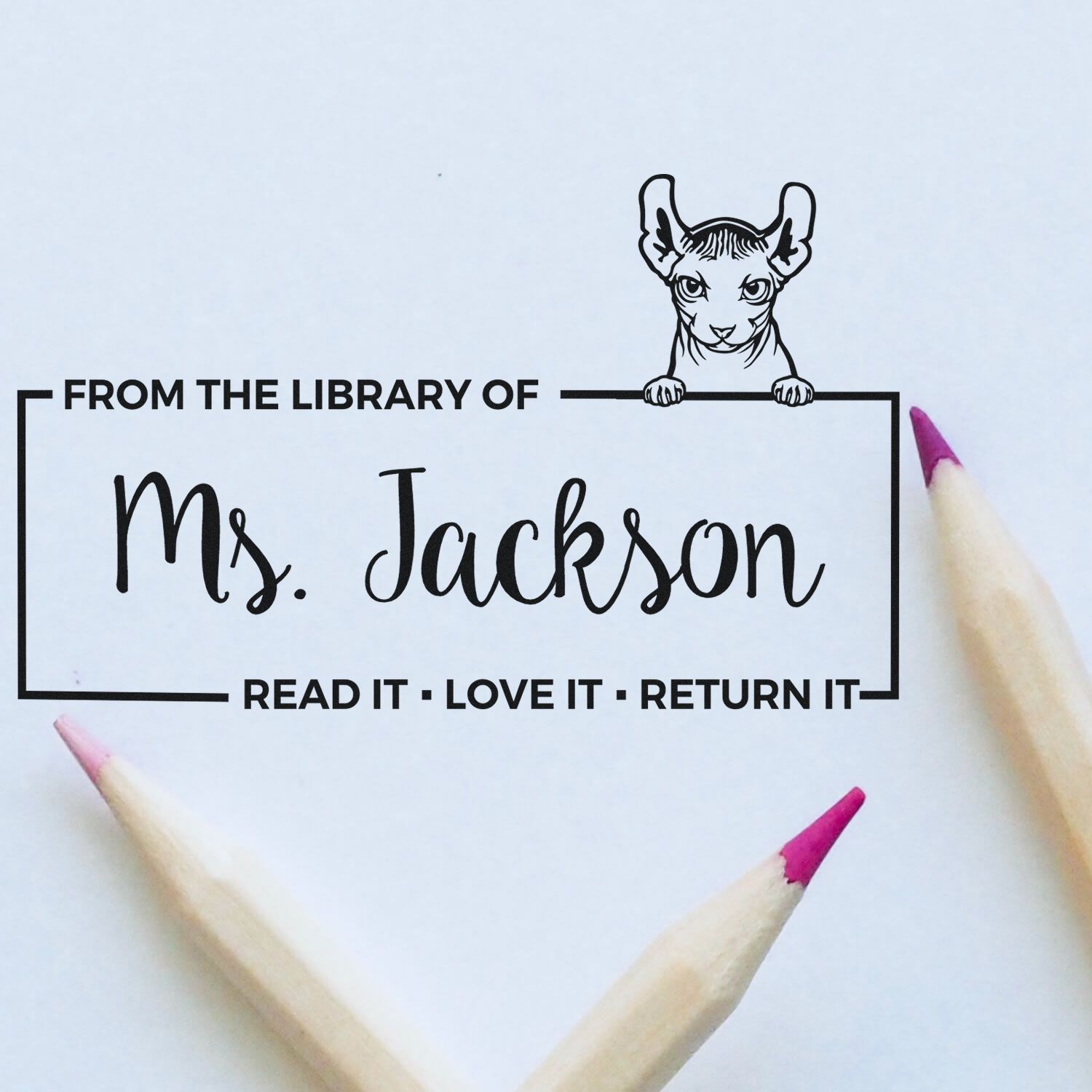 Custom library rubber stamp with cat design and Ms. Jackson name, reading From the Library Of and Read It Love It Return It.