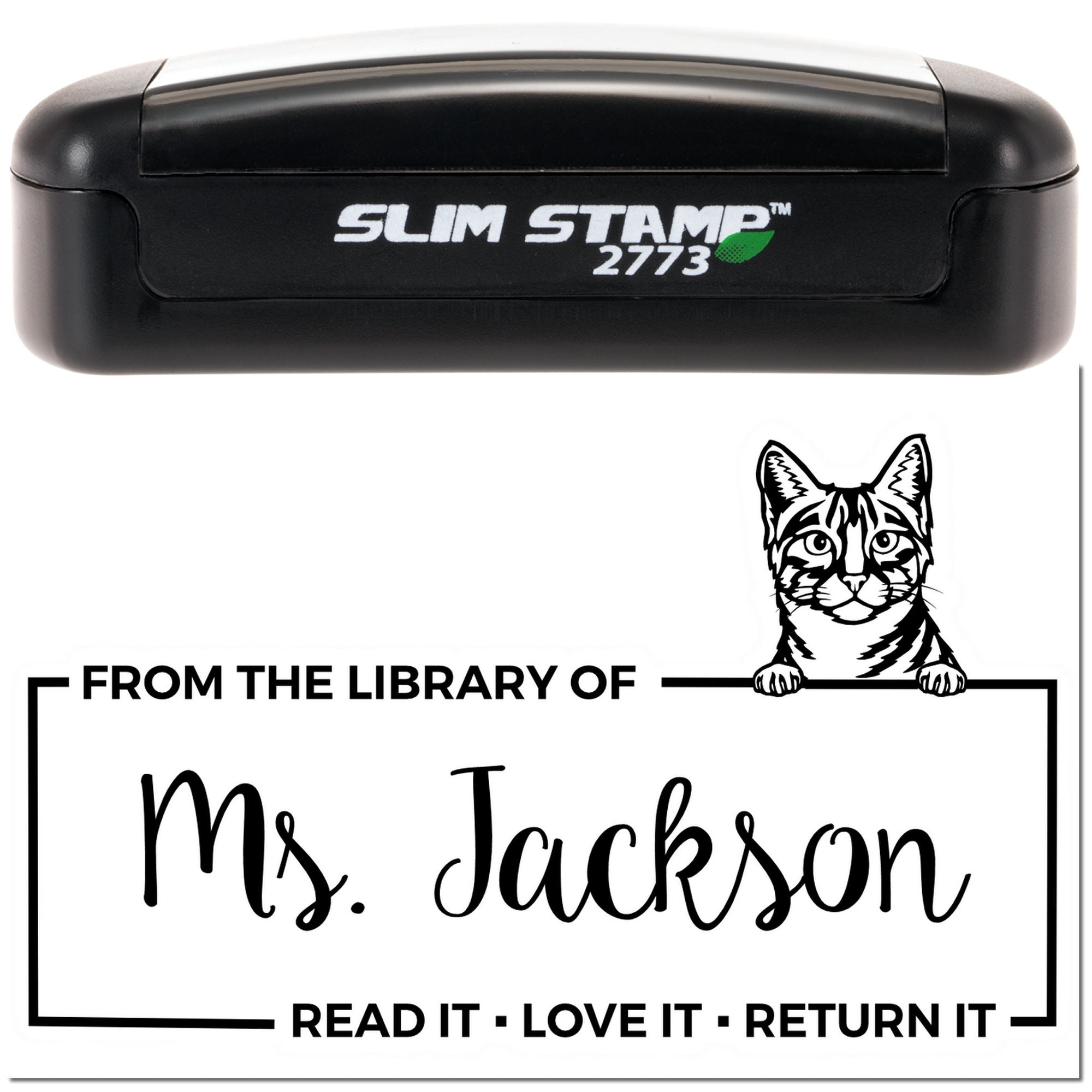 Custom library rubber stamp with cat design and From the Library of Ms. Jackson read-it-love-it-return-it message.