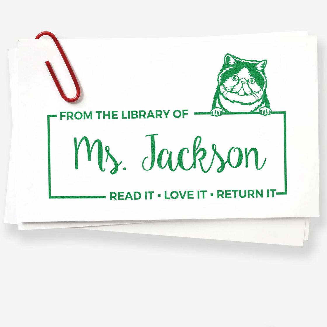 Personalized cat library rubber stamp for Ms. Jackson with From the Library Of and Read it, Love it, Return it.