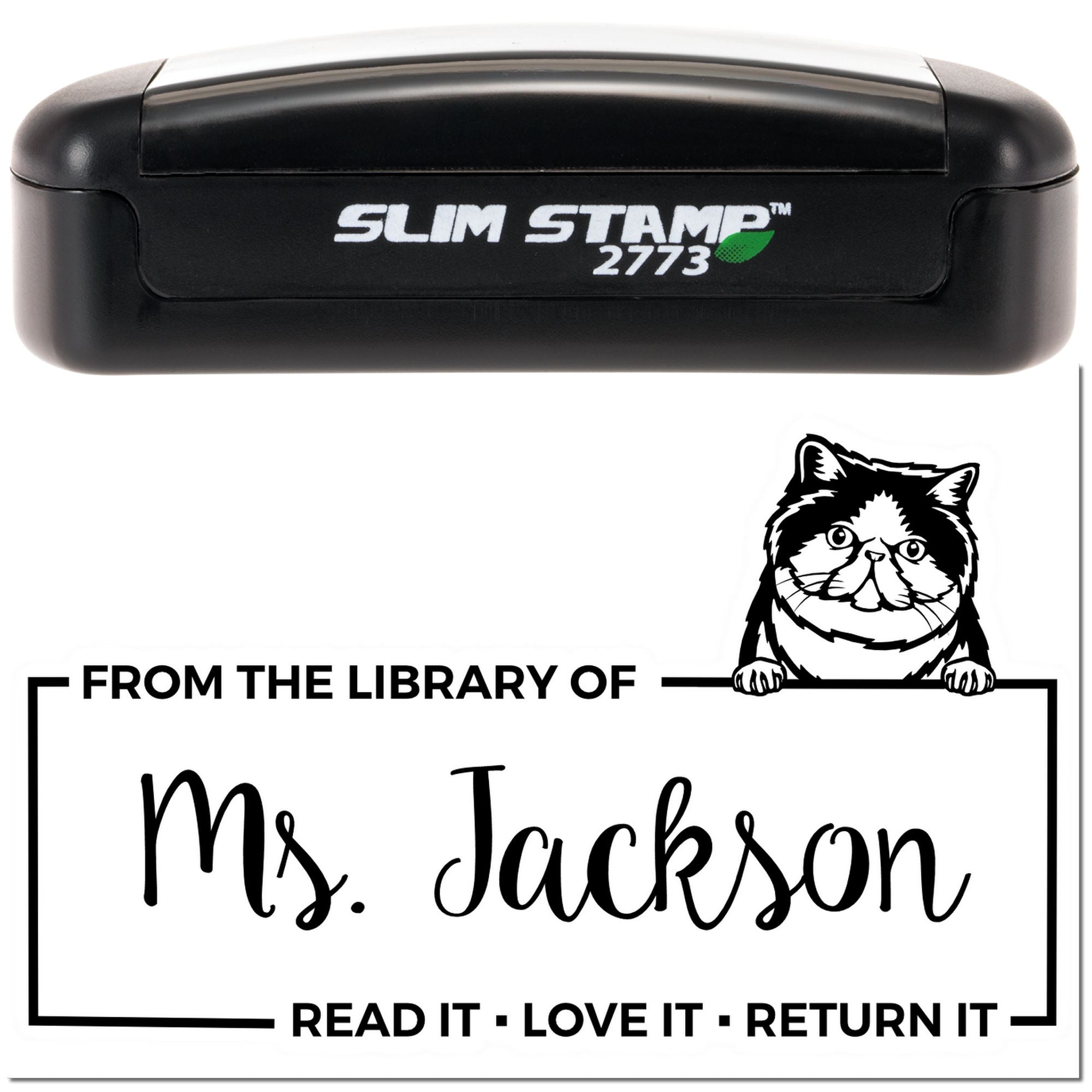 Slim Stamp 2773 personalized library book rubber stamp with cat, reading From the Library of Ms. Jackson return label.