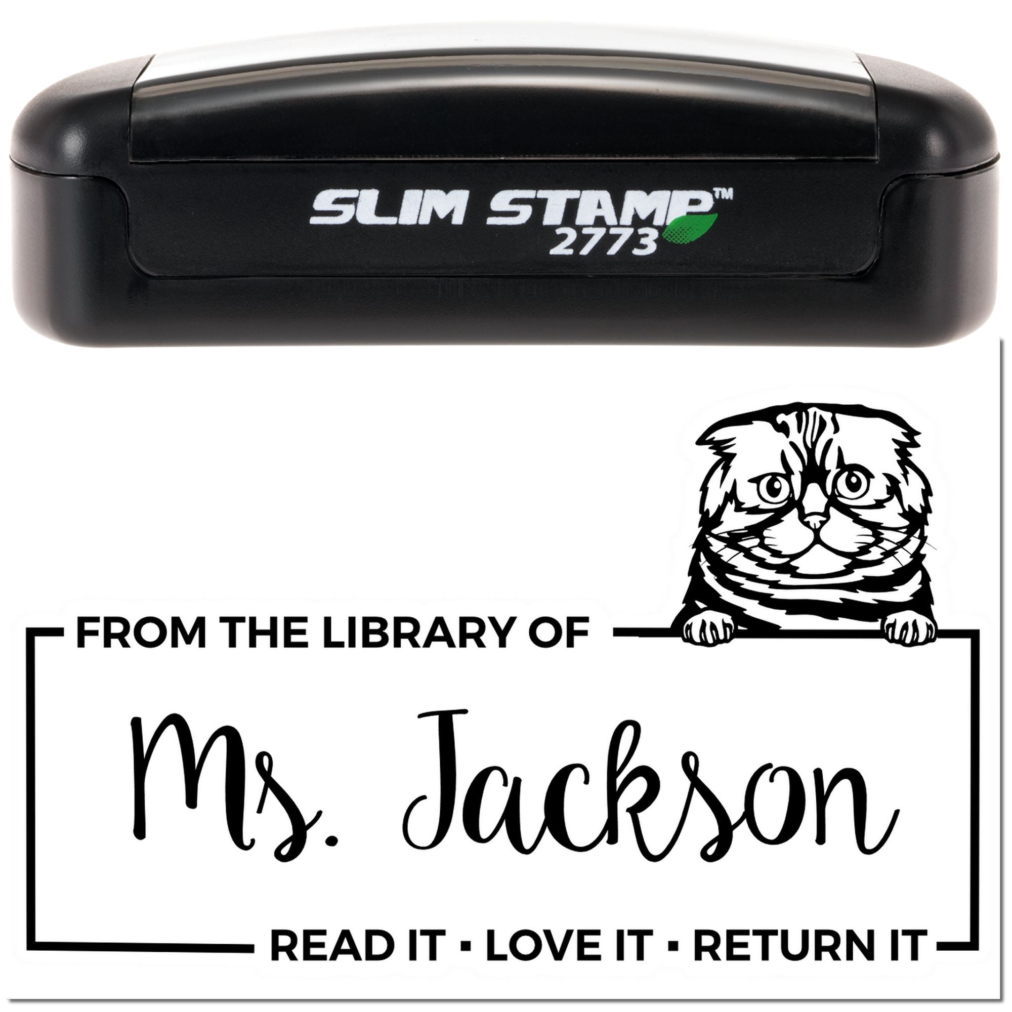 Custom Slim Stamp library rubber stamp with cat design, From the Library of Ms. Jackson and return-it message.