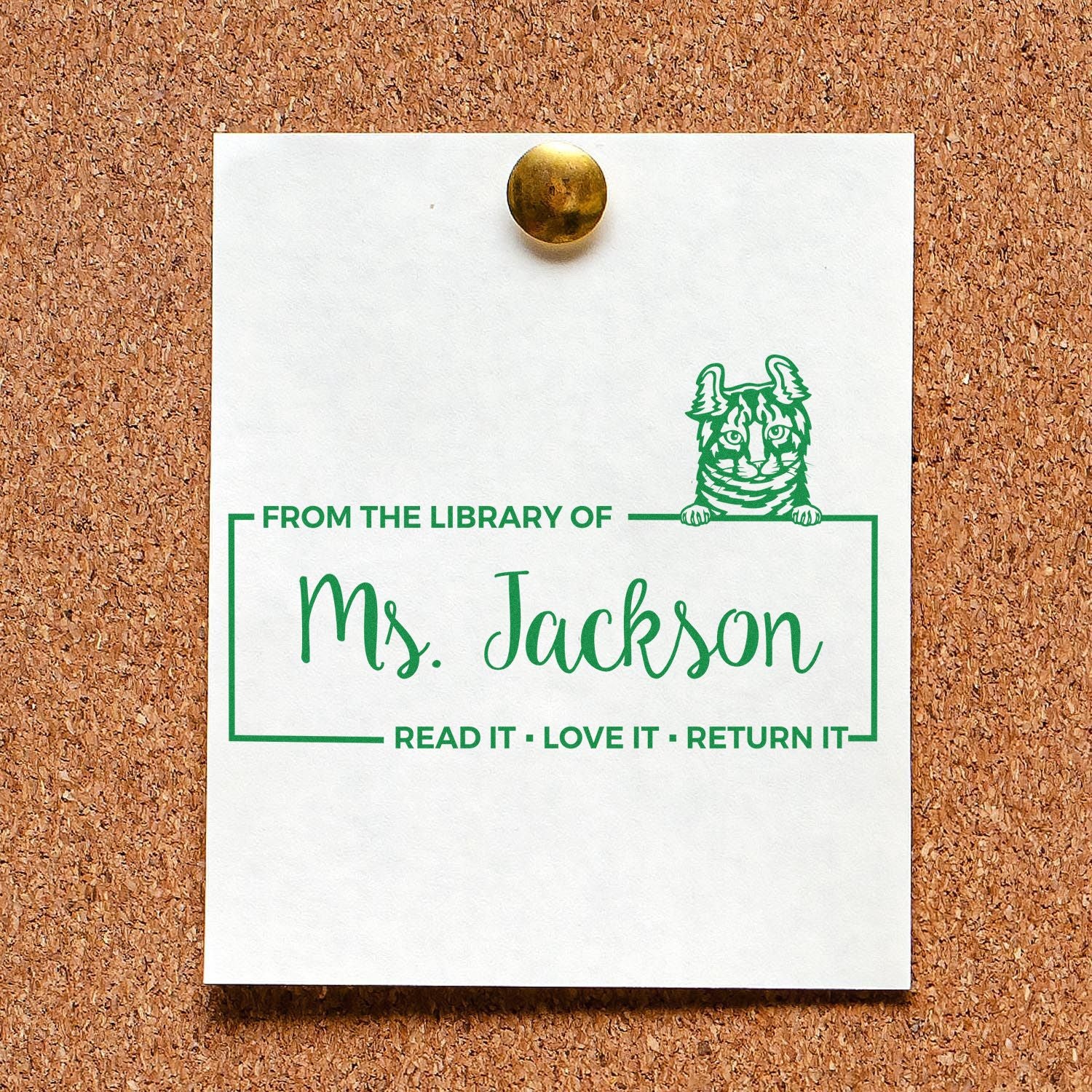 Custom library rubber stamp for Ms. Jackson with cat design and Read it, love it, return it book return message.