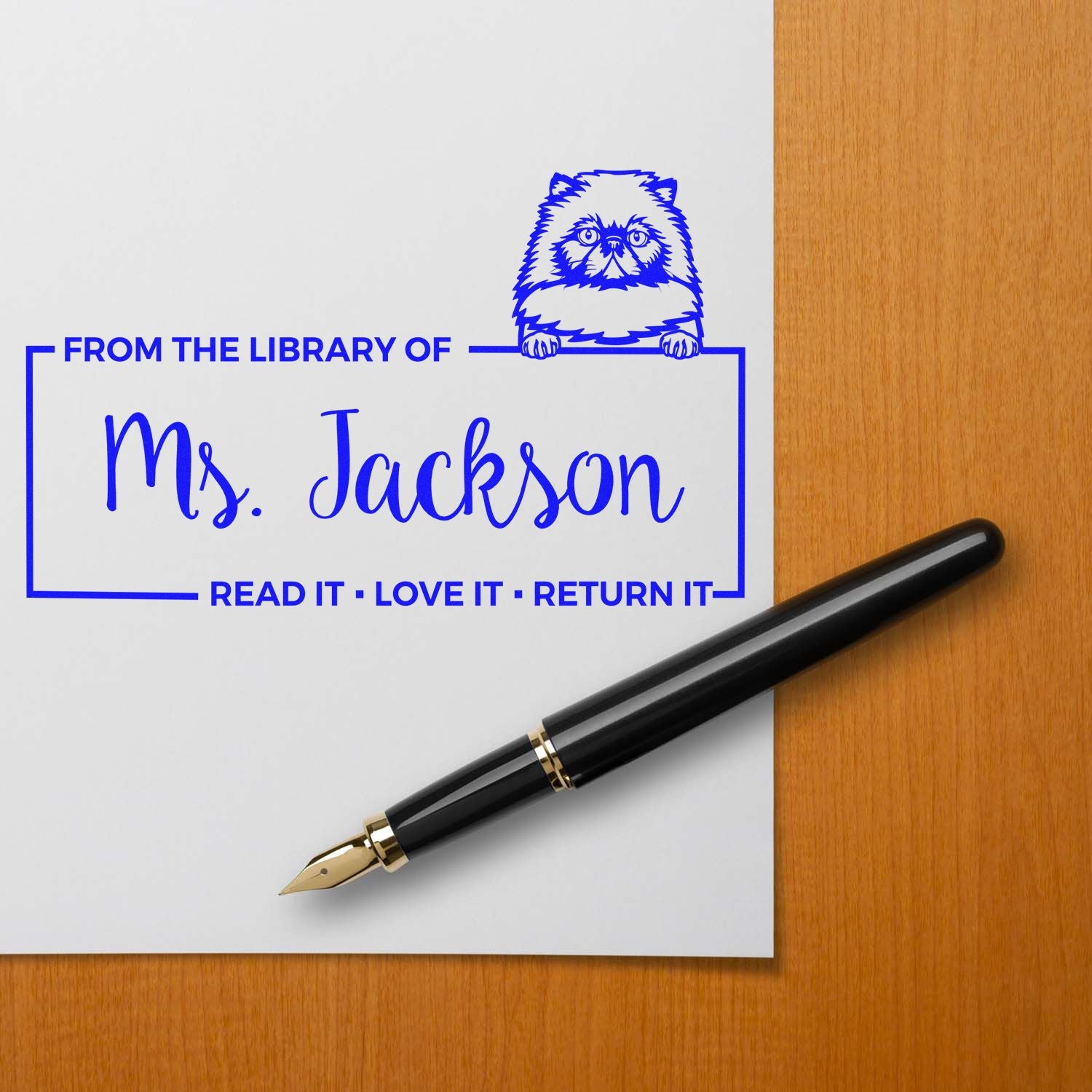 Custom library book stamp for Ms. Jackson with cat design and Read It  Love It  Return It return reminder.