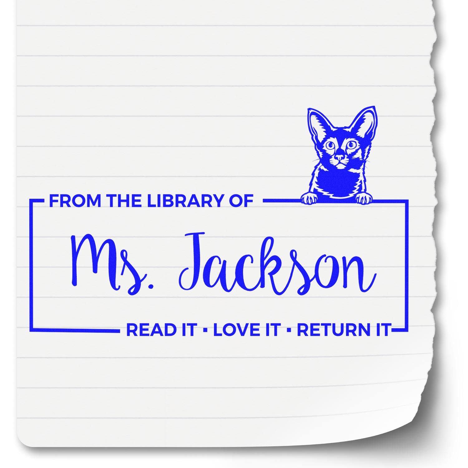Custom cat library stamp for Ms. Jackson with Read it, Love it, Return it book return message.