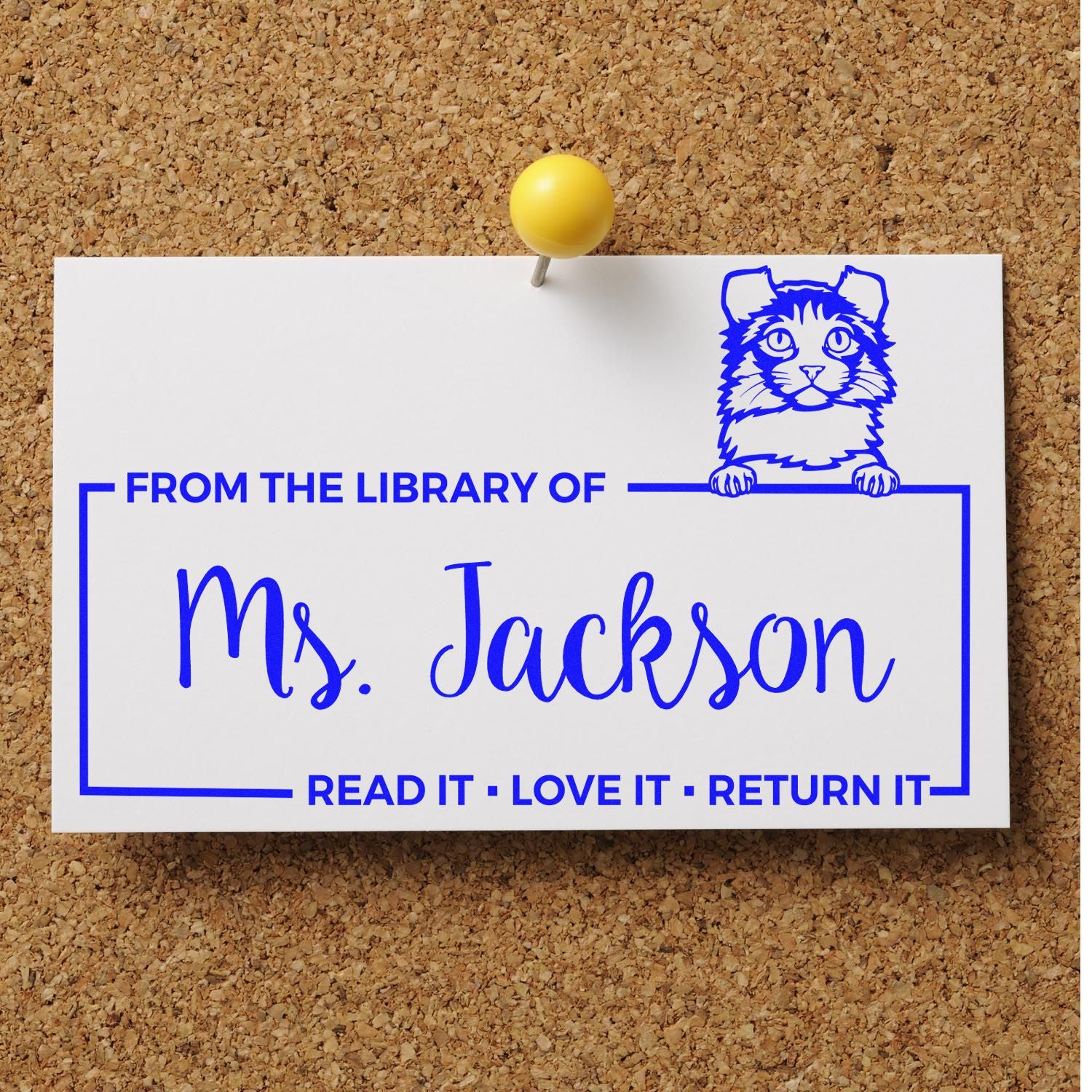 Personalized rubber stamp bookplate for Ms. Jackson with cat illustration and From the Library Of read-it, return-it message