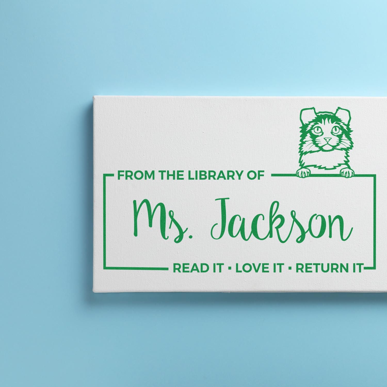 Personalized rubber library stamp for books, reading From the Library of Ms. Jackson with cat design and Read it, love it, return it.