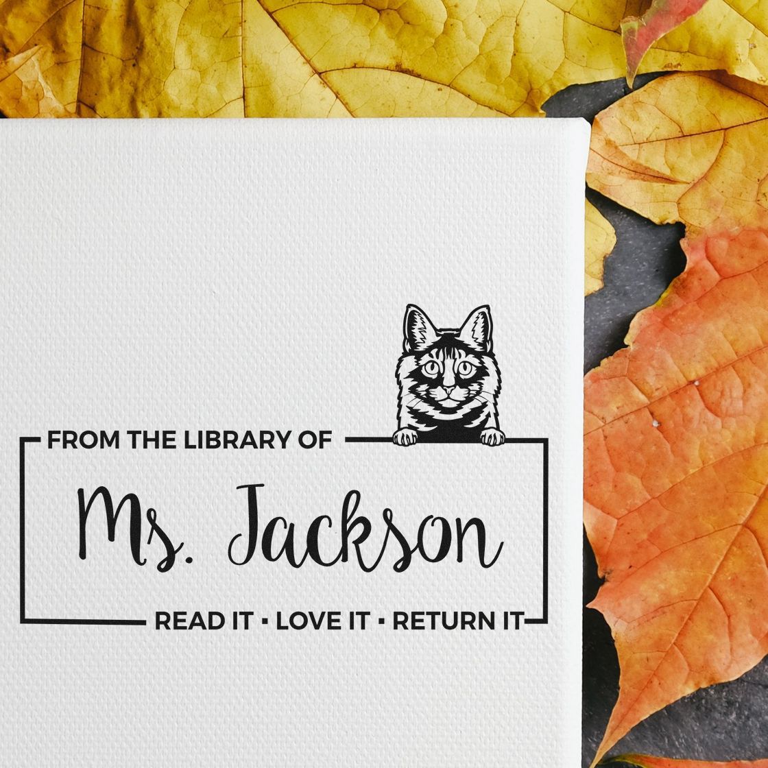 Personalized cat library rubber stamp for books, reading From the Library of Ms. JacksonRead it, Love it, Return it.