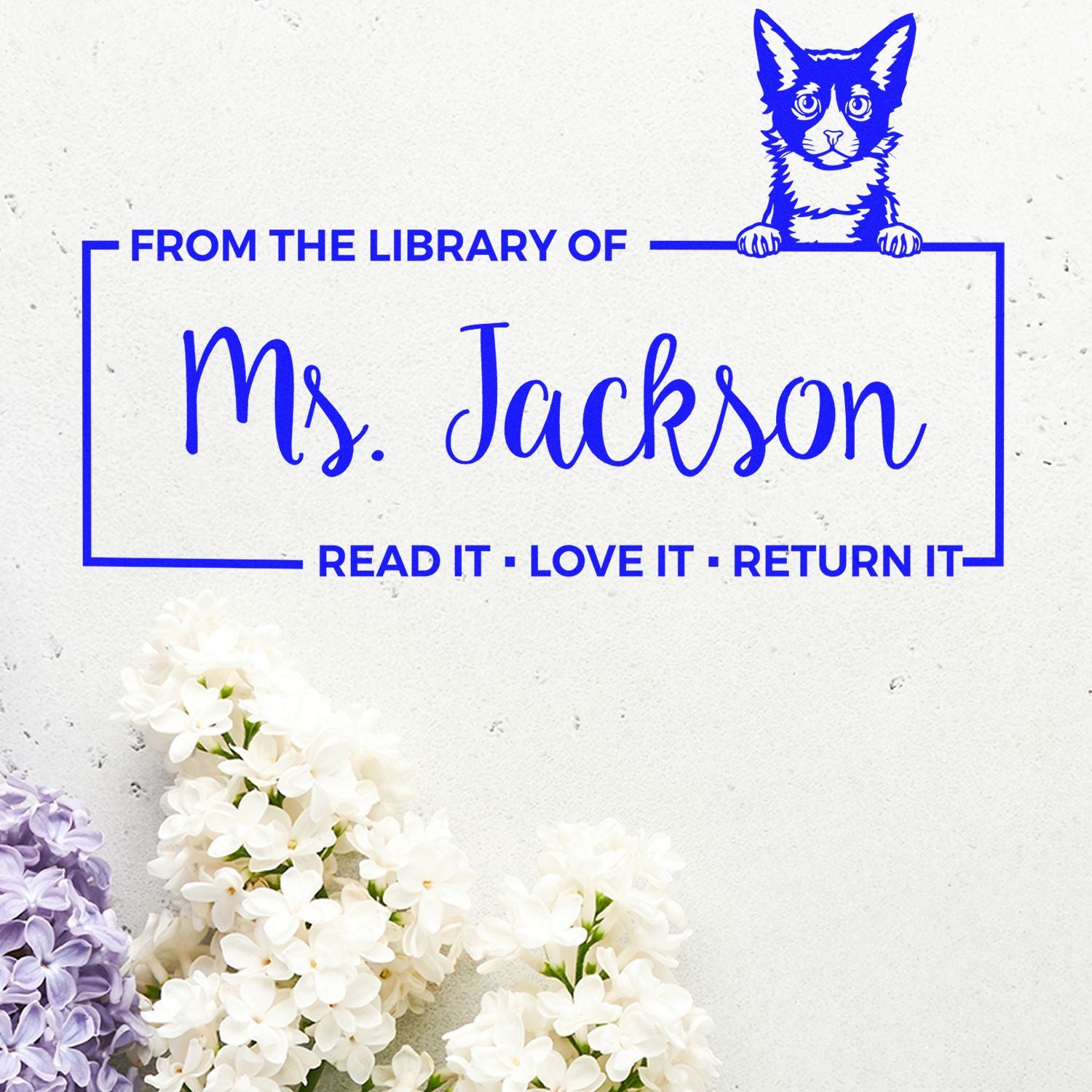 Personalized library rubber stamp with cat, From the Library of Ms. Jackson and Read it, Love it, Return it.