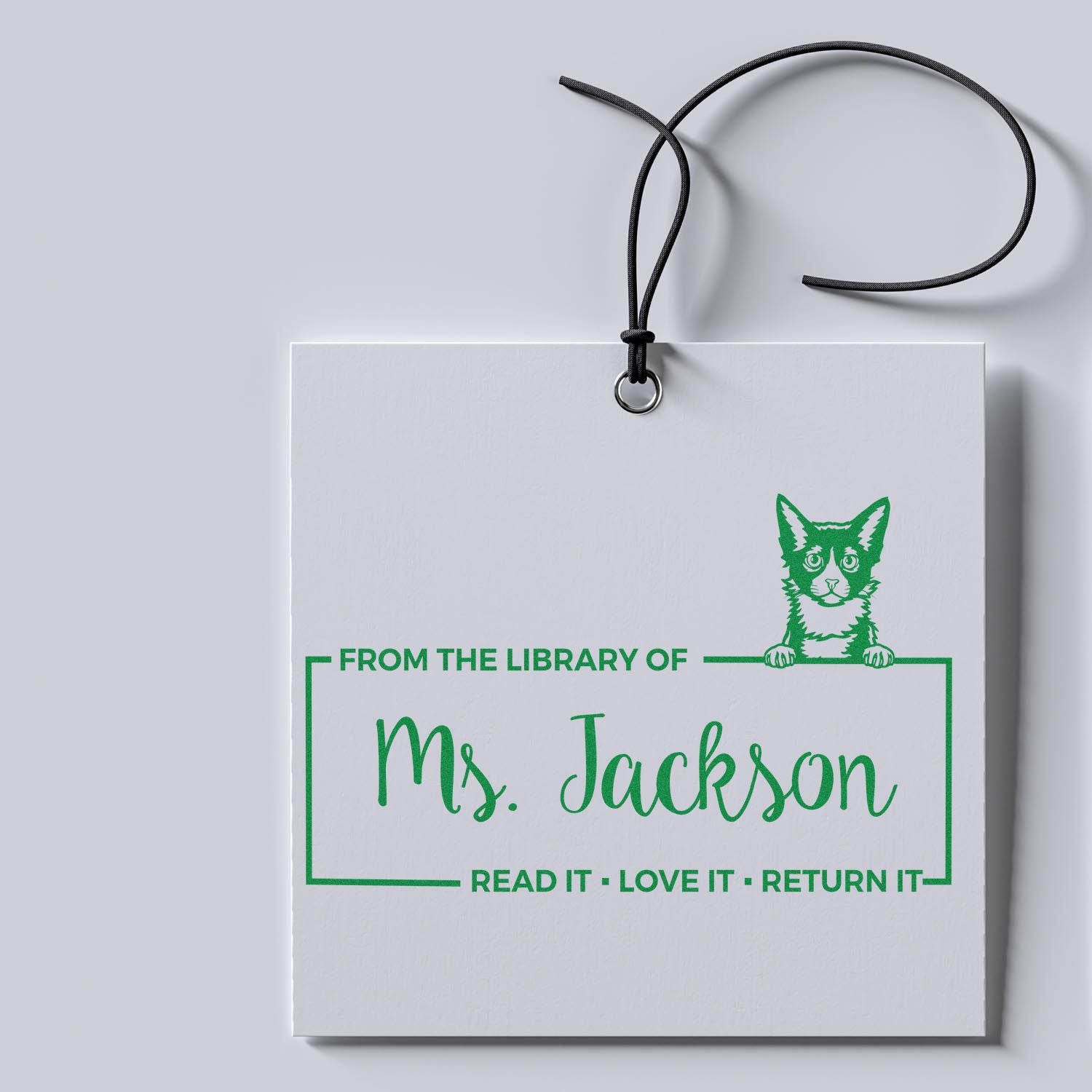Custom library rubber stamp with cat bookplate for Ms. Jackson, featuring From the Library of and Read it, Love it, Return it.