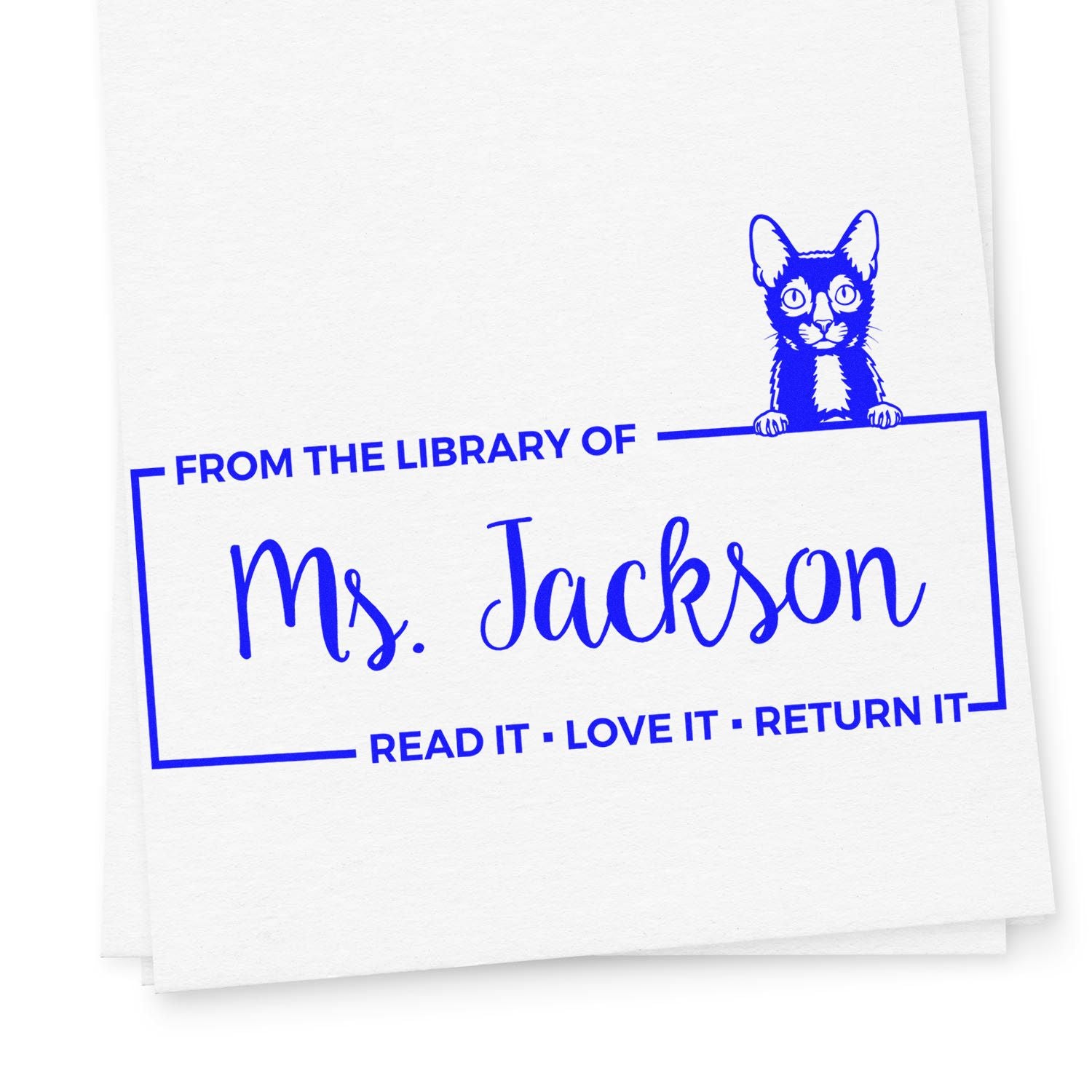 Custom library return rubber stamp with cat design, reading From the Library of Ms. Jackson  Read It, Love It, Return It.