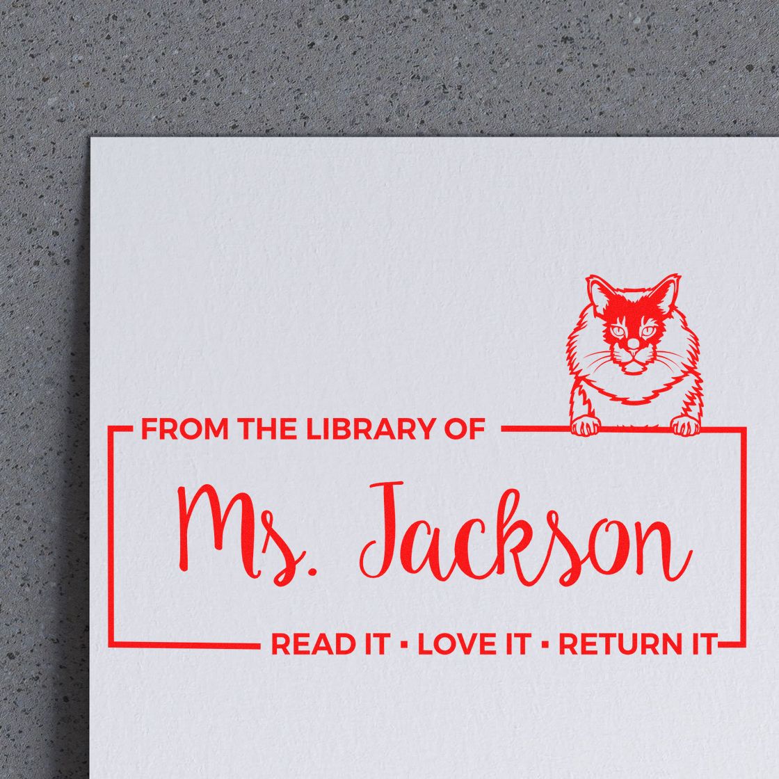 Custom cat library bookplate rubber stamp for Ms. Jackson, featuring Read it, Love it, Return it return reminder.