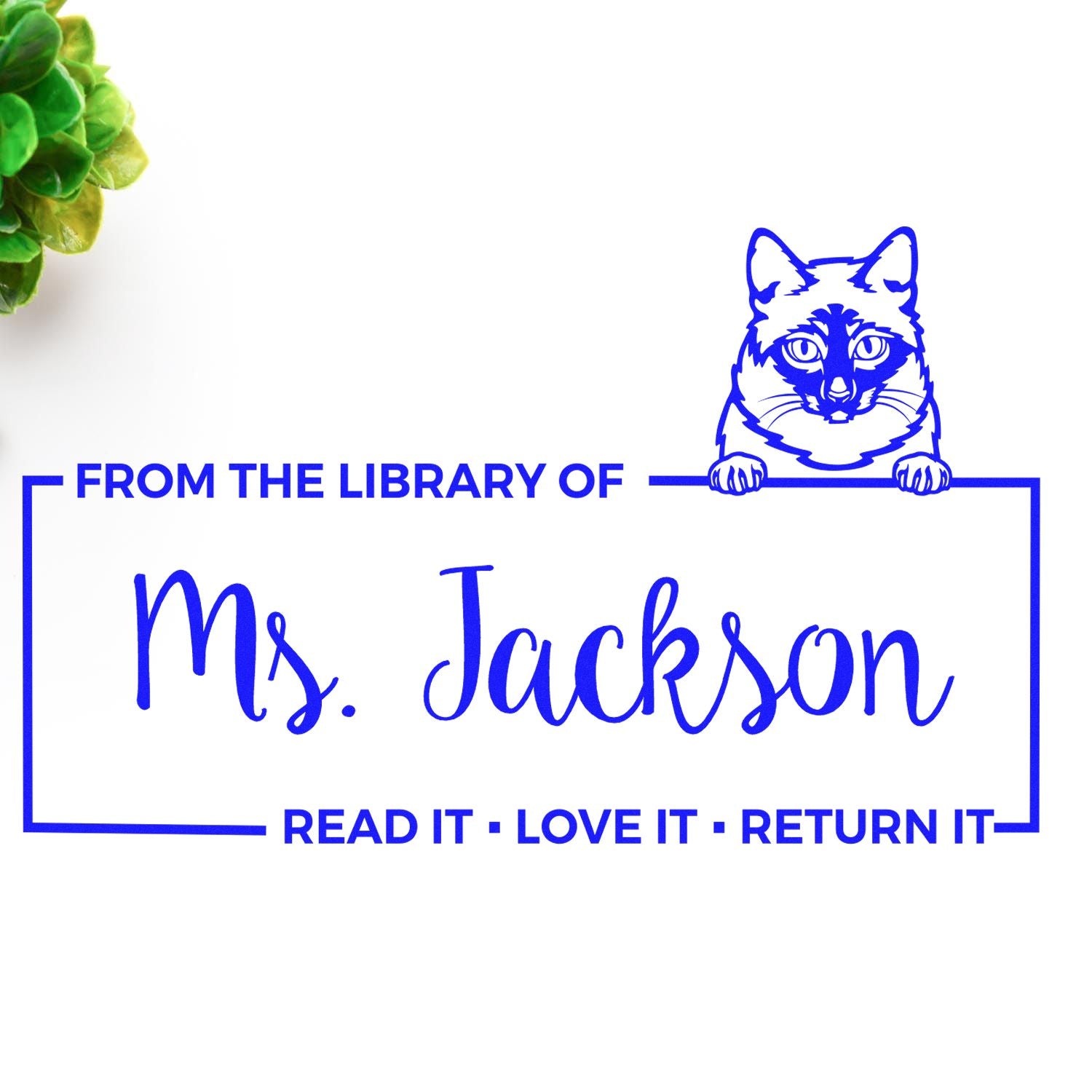 Personalized library rubber stamp for Ms. Jackson with cat design and Read it, love it, return it book return message.