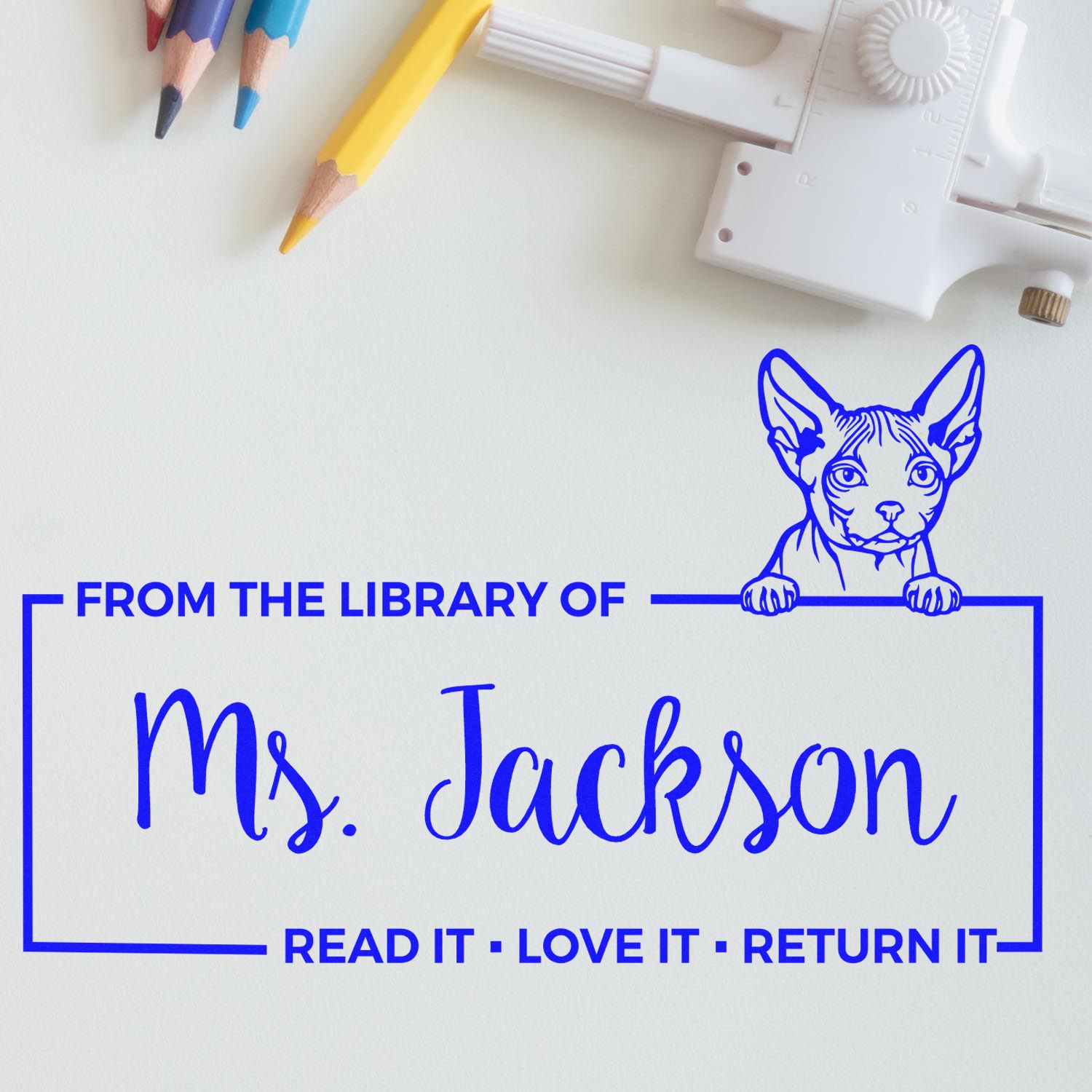 Custom library stamp with Sphynx cat and From the Library of Ms. Jackson read, love, return book message.