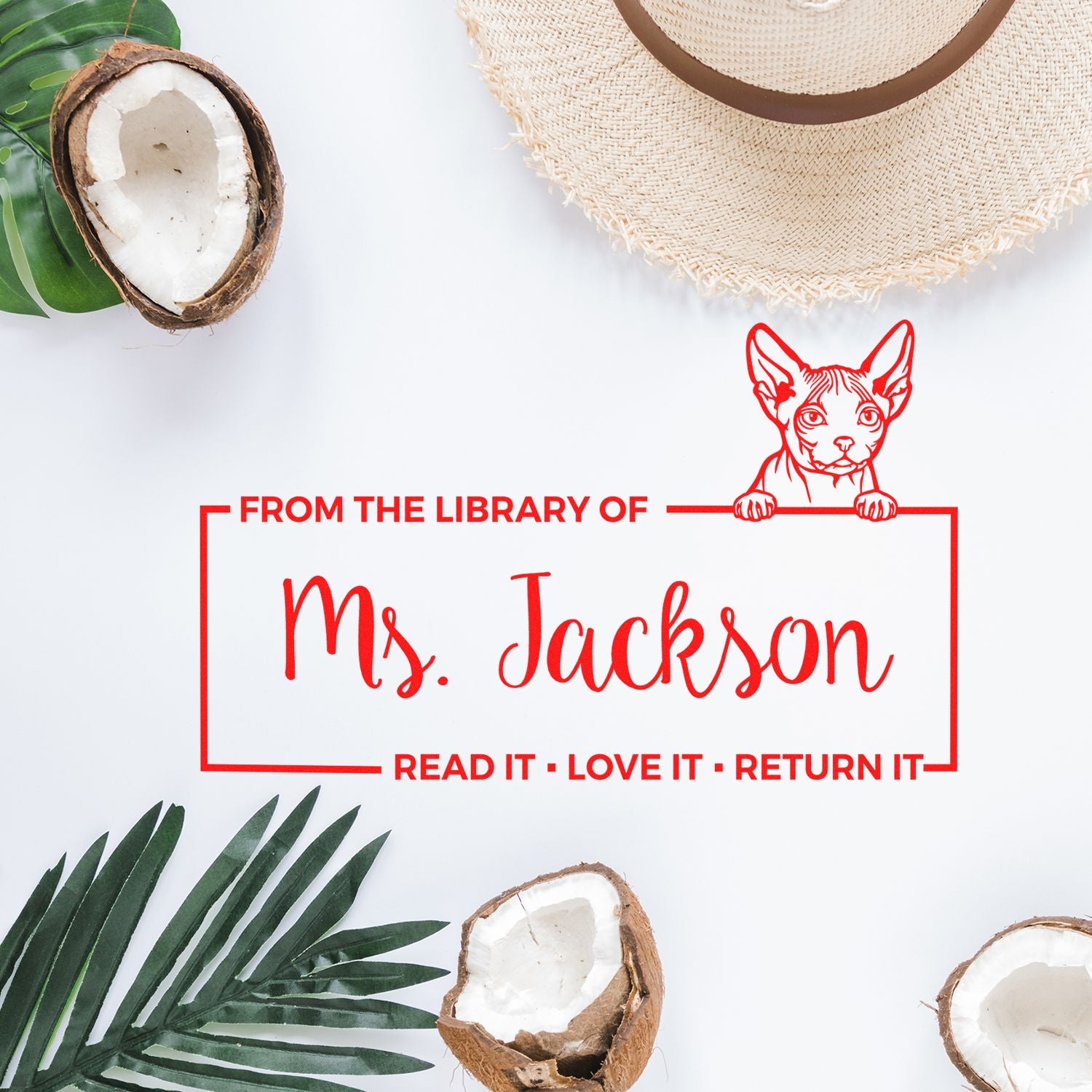 Custom rubber library book stamp for Ms. Jackson with dog design and Read it, love it, return it return-book message.