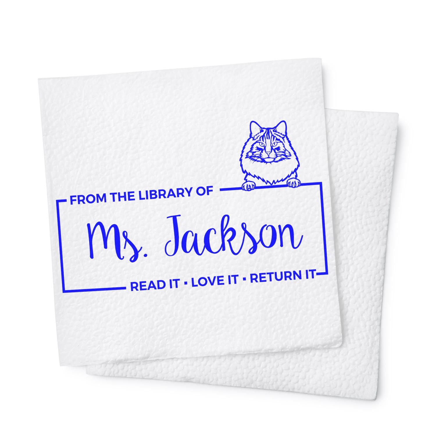 Custom library rubber stamp with cat design, From the Library of Ms. Jackson and Read it, Love it, Return it text.