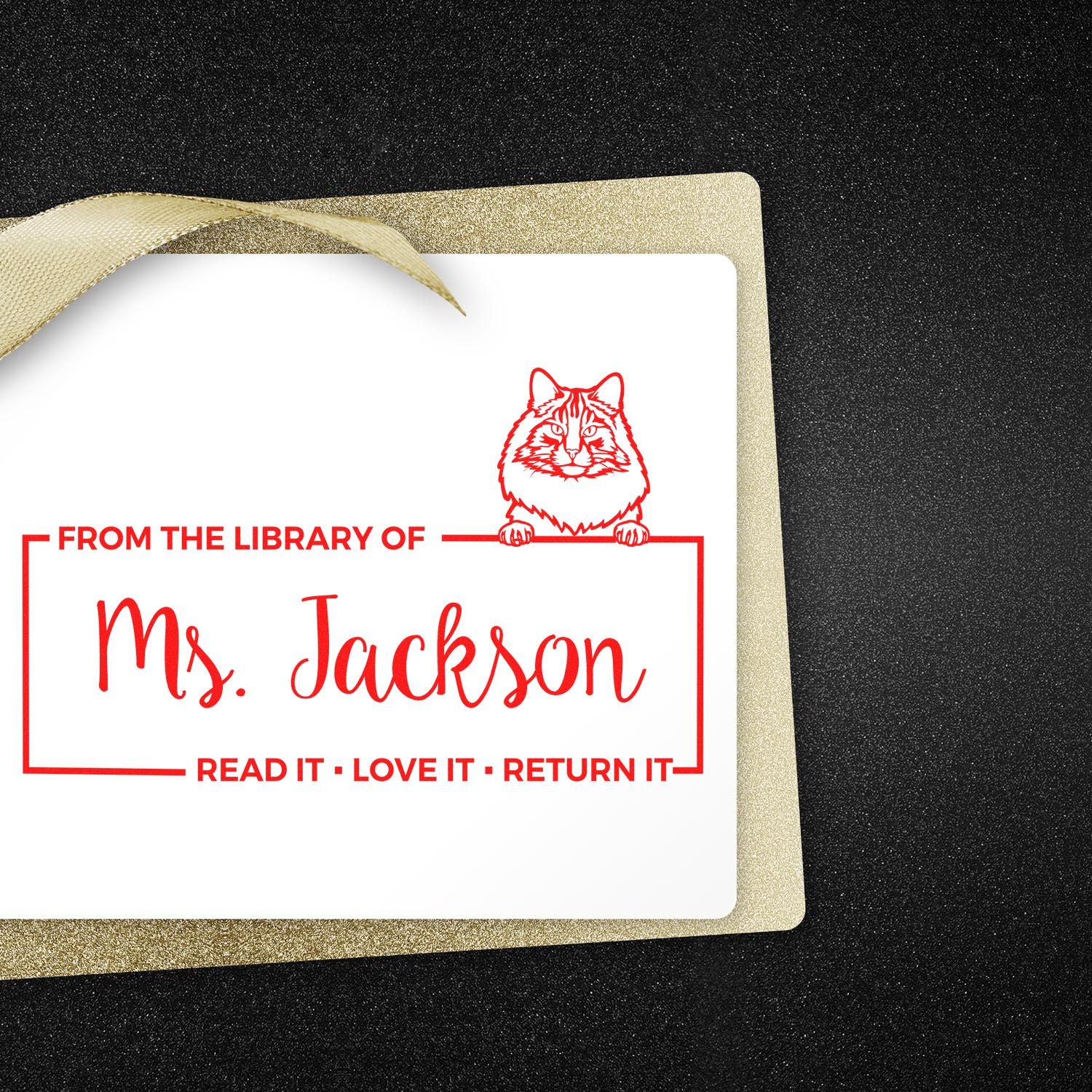 Personalized cat library book stamp for Ms. Jackson with Read It  Love It  Return It message.