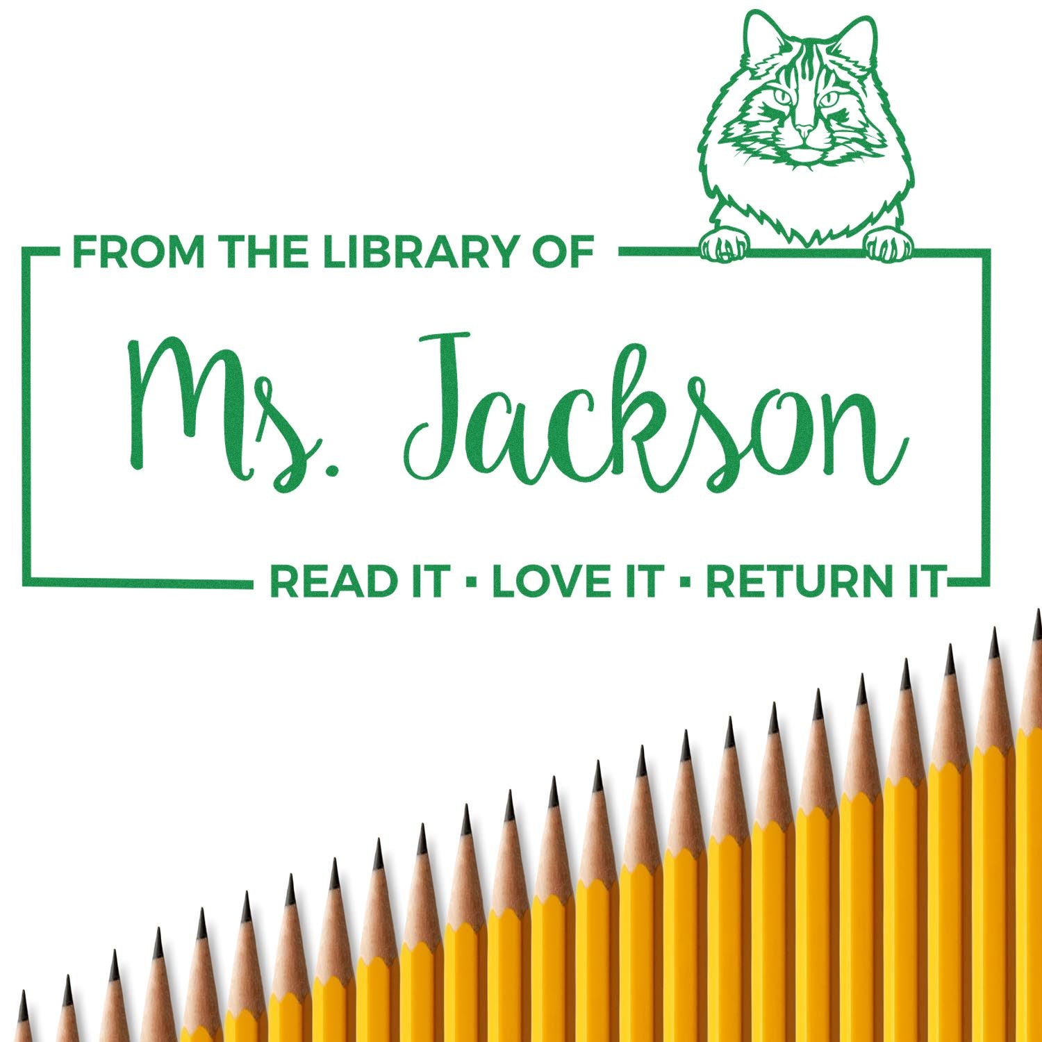 Personalized rubber library stamp for Ms. Jackson with cat graphic and Read it, love it, return it book return message.