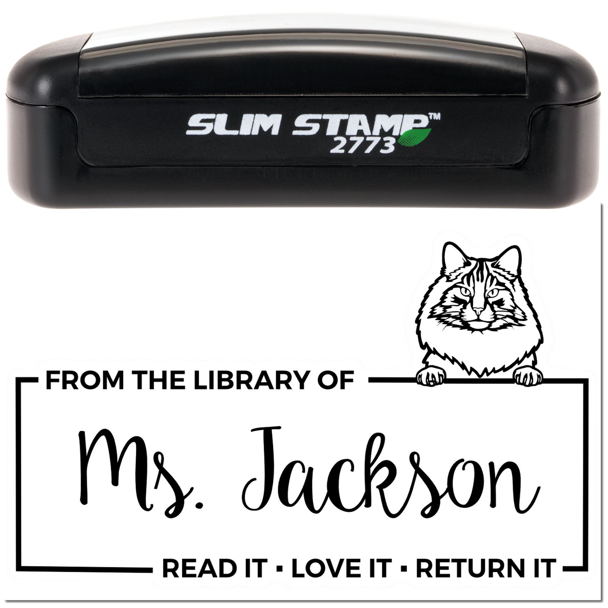 Custom library book return stamp with cat design, featuring From the Library of Ms. Jackson and Read It, Love It, Return It text.