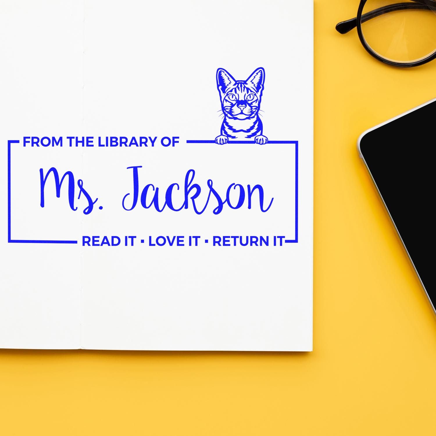 Custom library rubber stamp for books, reading From the Library of Ms. Jackson, Read It, Love It, Return It, with cat design.