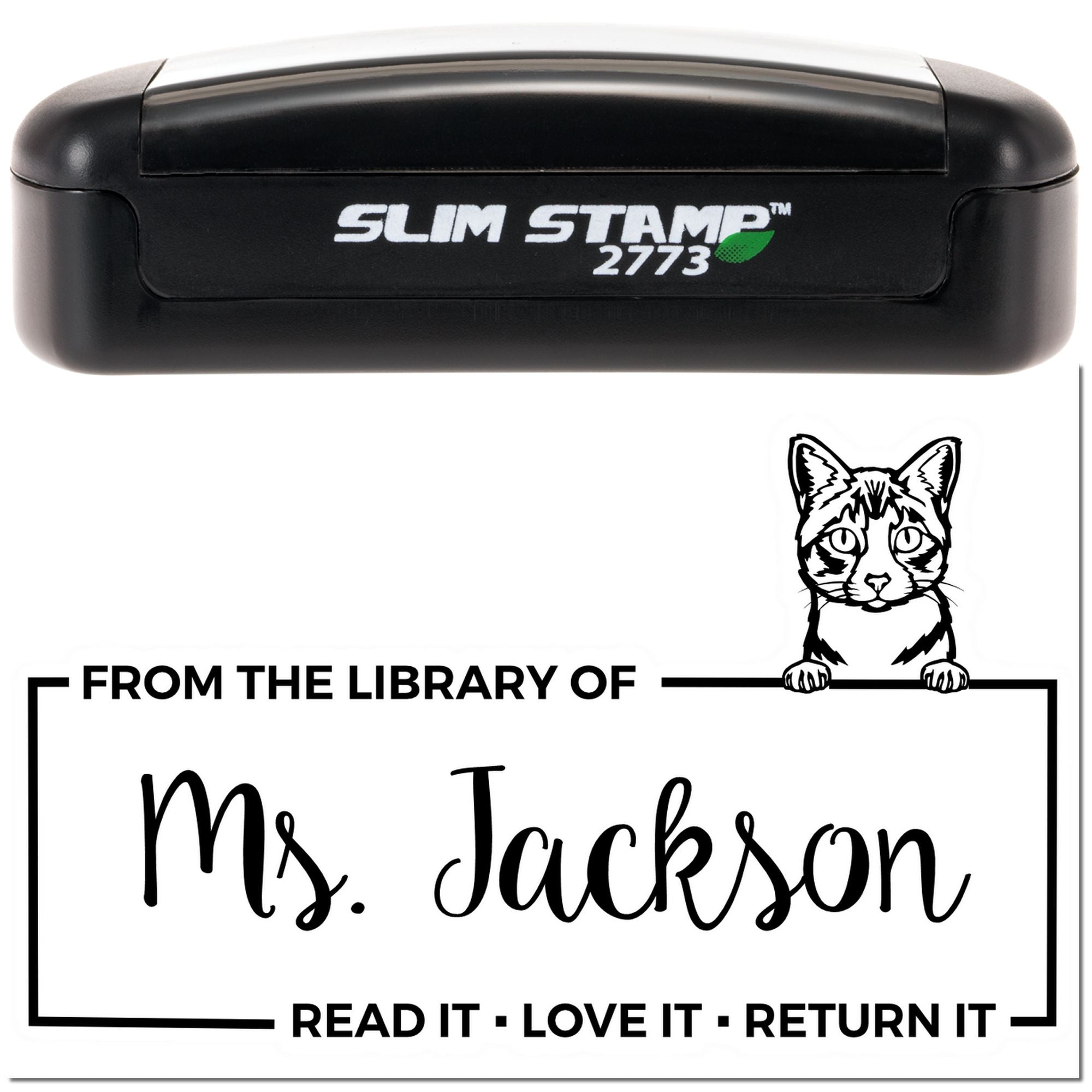 Custom self-inking library rubber stamp with cat design and From the Library of Ms. Jackson, Read It, Love It, Return It text.