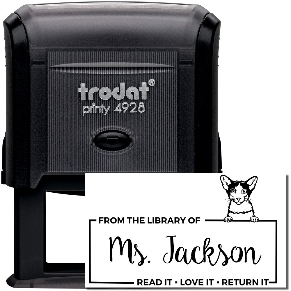 Trodat Printy 4928 self-inking rubber stamp with personalized From the Library of Ms. Jackson cat book return design.