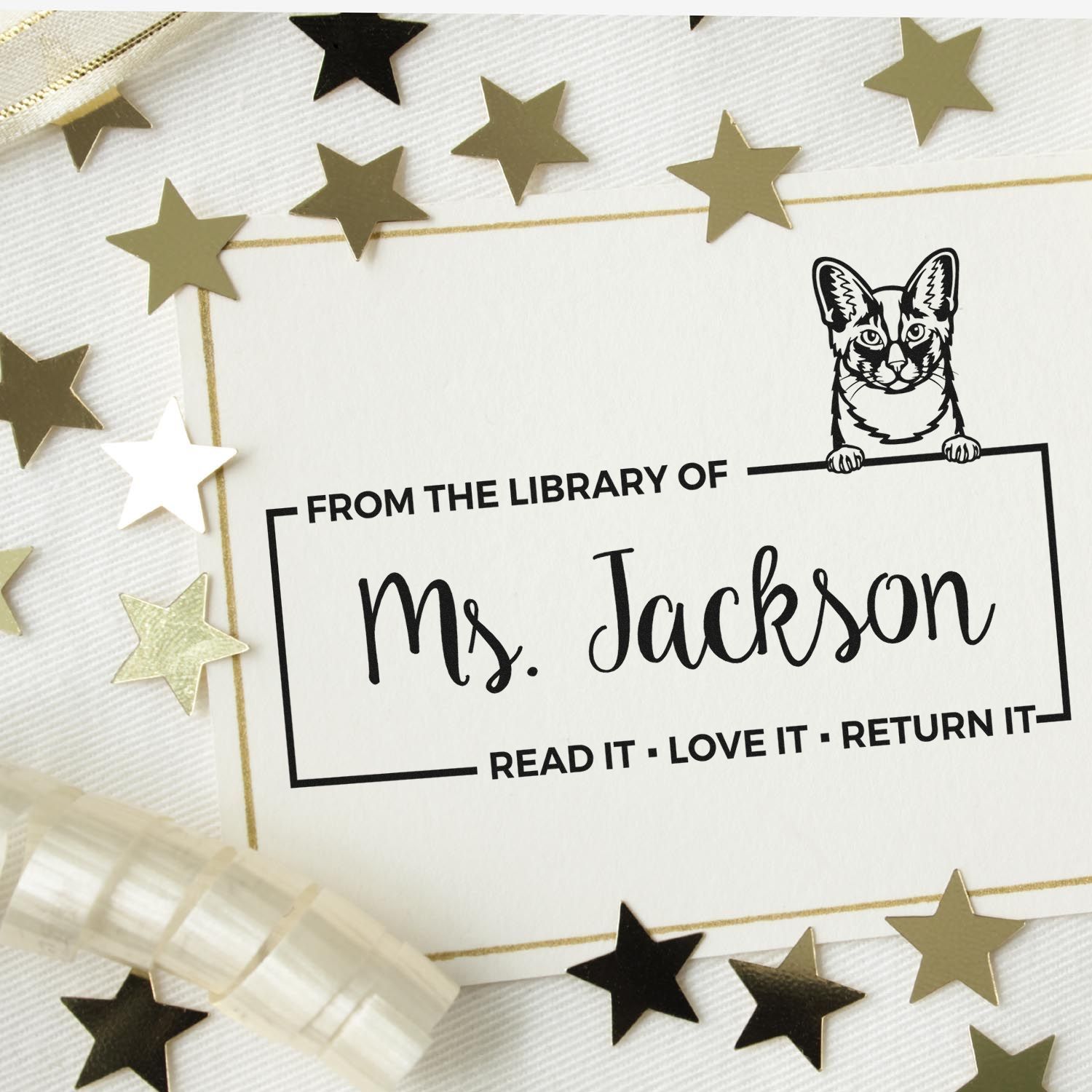 Custom personalized library book stamp with cat design, reading From the Library of Ms. Jackson and Read It  Love It  Return It.
