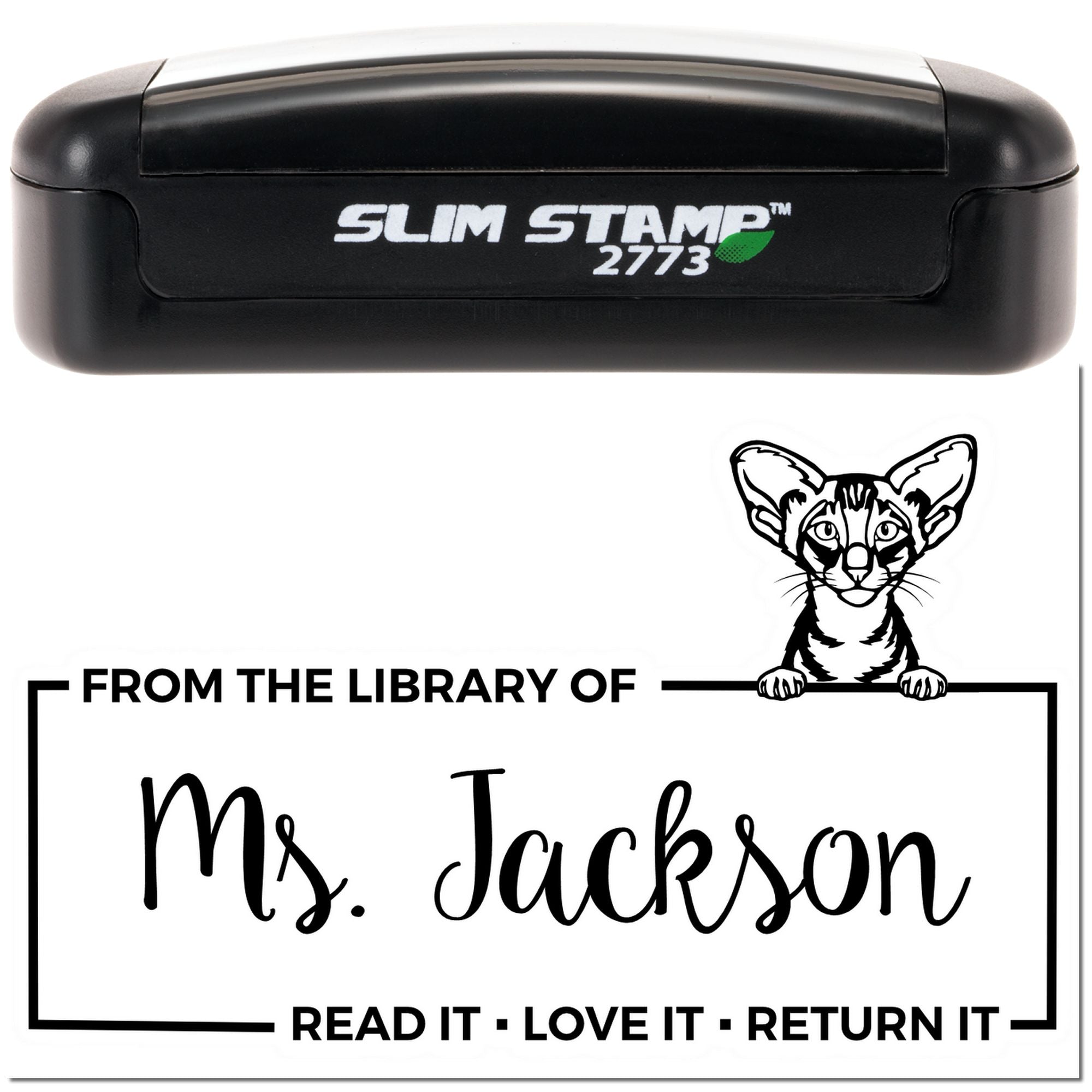 Custom self-inking library rubber stamp for Ms. Jackson, featuring a cat and Read it, love it, return it bookplate.