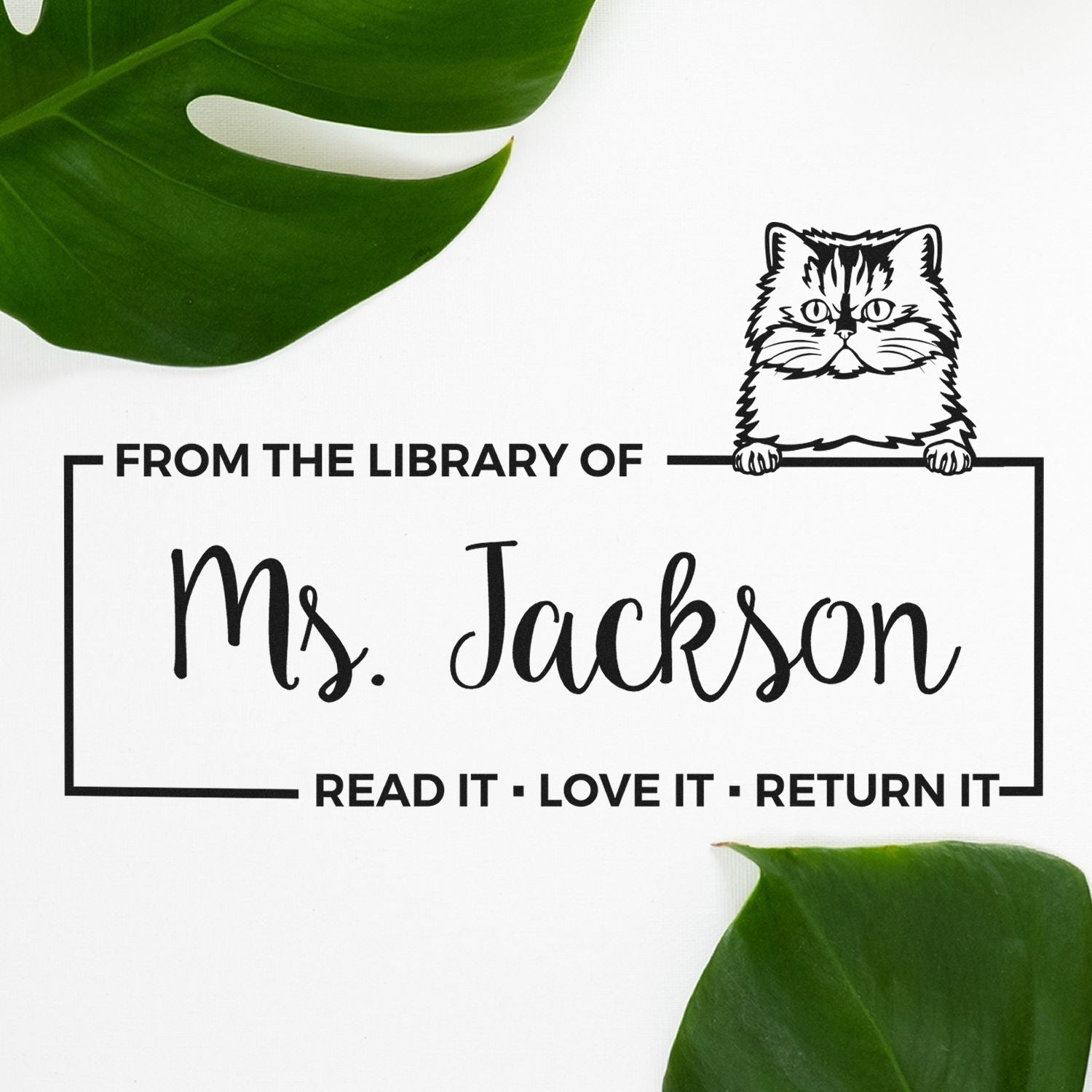 Custom library return rubber stamp for Ms. Jackson, with cat design and Read it, love it, return it book label.