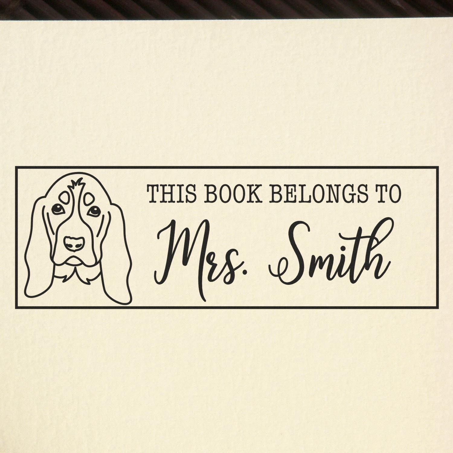 Custom rubber stamp bookplate with basset hound and This Book Belongs to Mrs. Smith for personal library books
