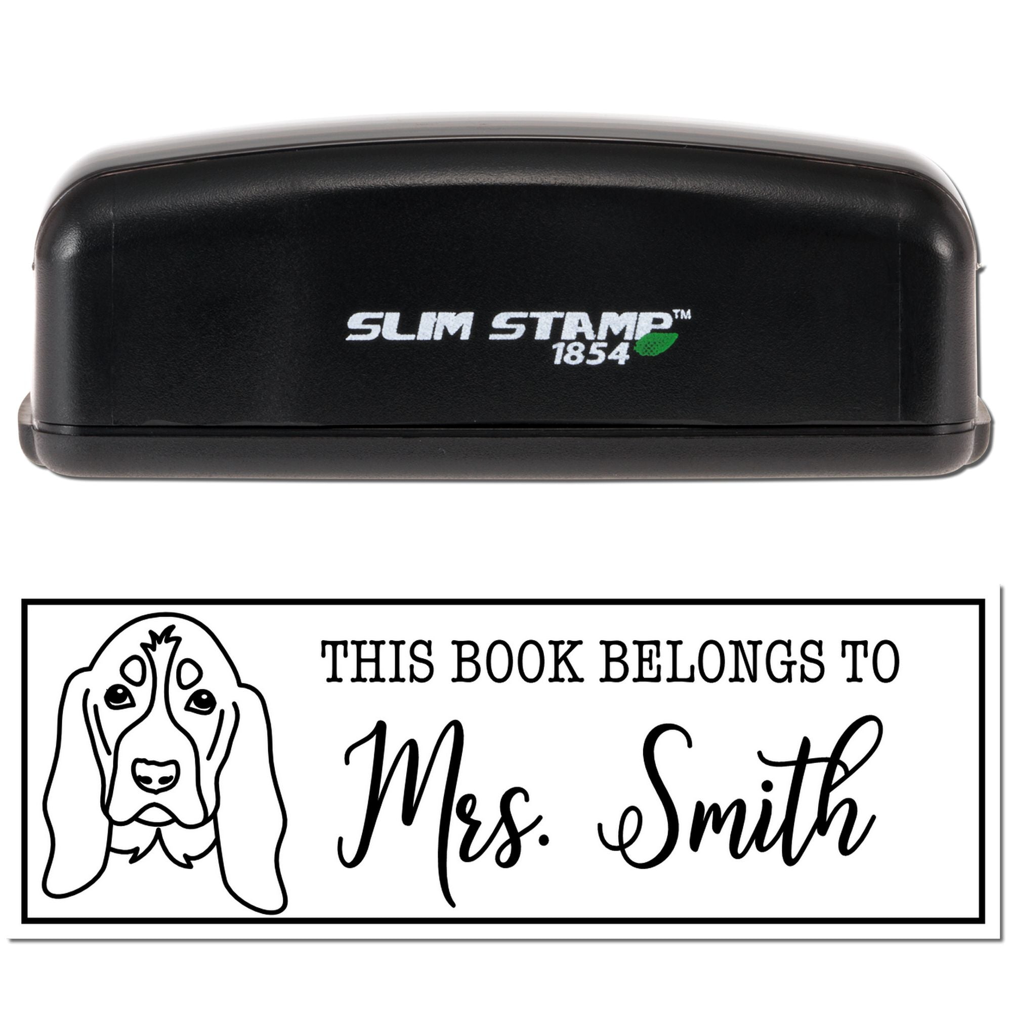 Slim Stamp 1854 custom book rubber stamp with dog illustration and personalized This Book Belongs To Mrs. Smith imprint.