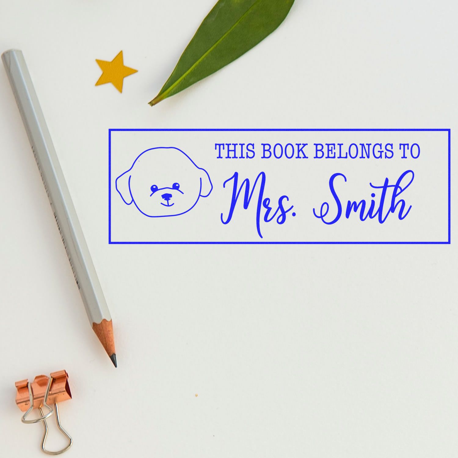 Personalized rubber book stamp for Mrs. Smith reading This Book Belongs To with dog icon for library books.
