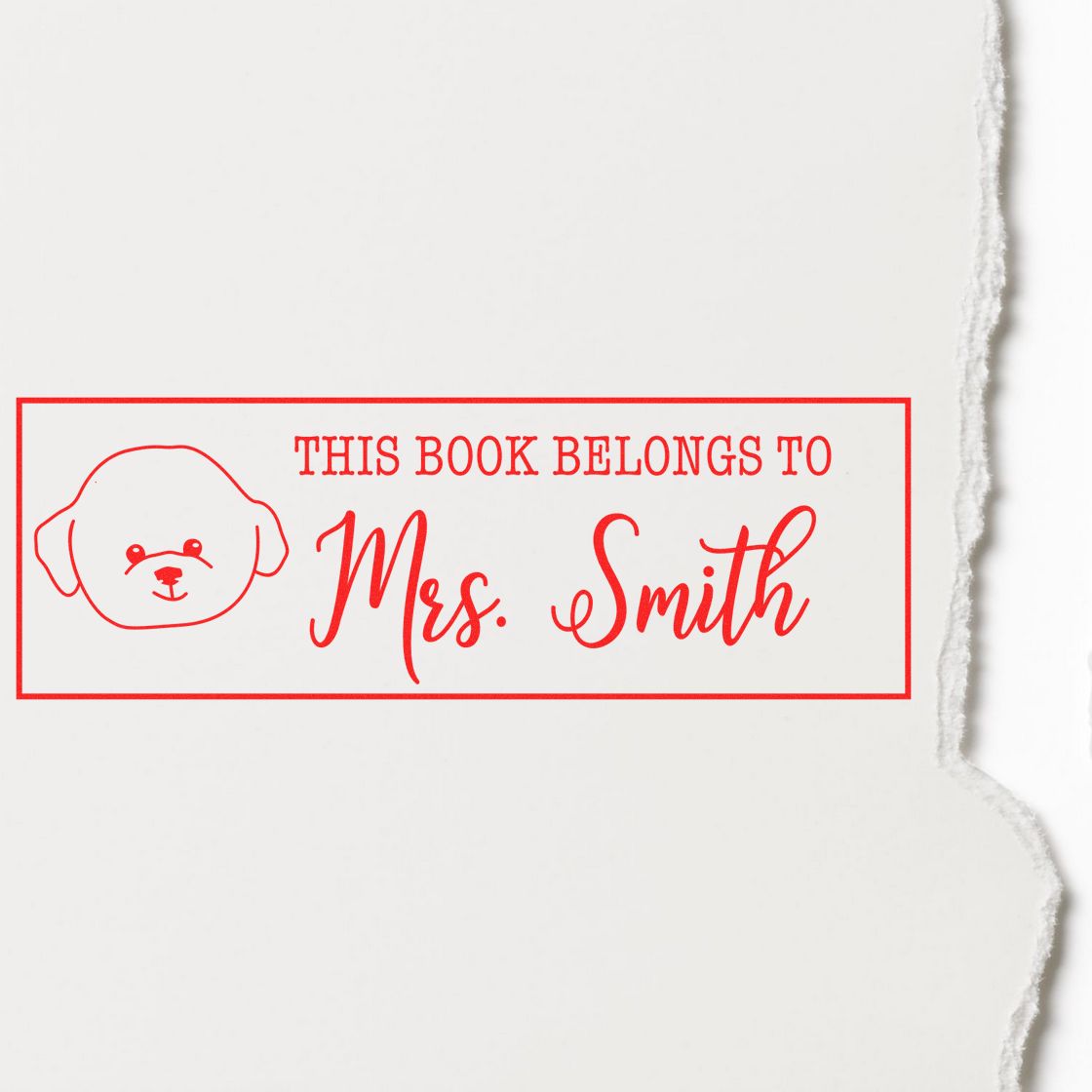 Personalized dog book stamp reading This Book Belongs to Mrs. Smith for marking books and library copies.