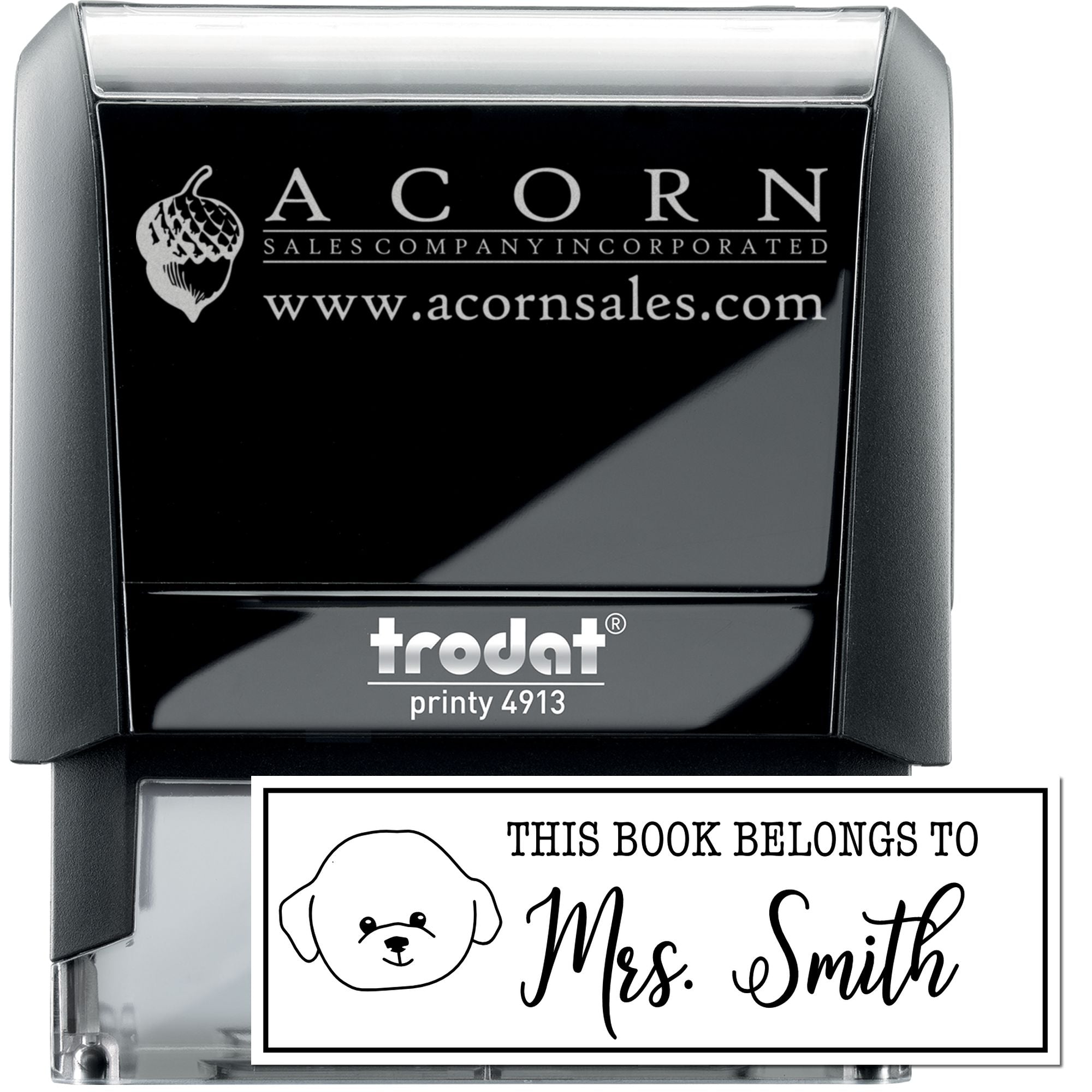 Trodat Printy 4913 custom self-inking rubber stamp with personalized business logo and This Book Belongs To imprint.