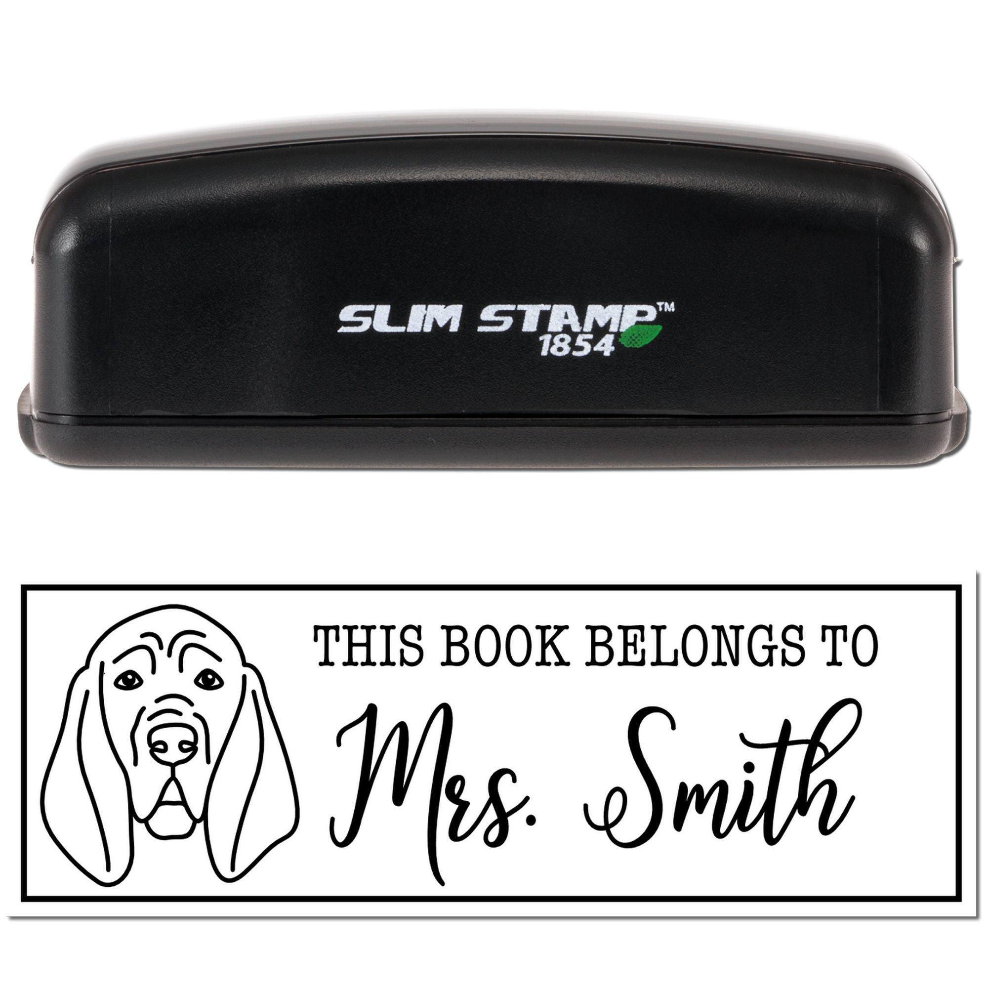 Slim Stamp 1854 custom book rubber stamp with dog design and This Book Belongs To Mrs. Smith imprint for personalizing books.
