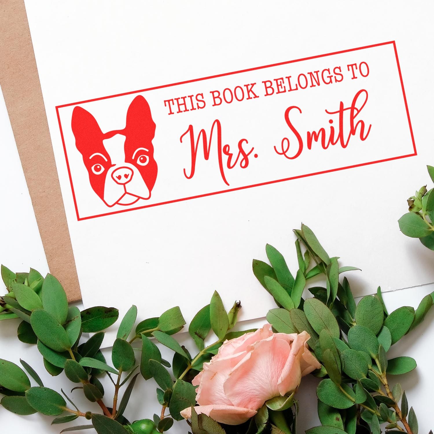 Custom This Book Belongs to Mrs. Smith rubber stamp with dog design for personalizing books and library collections.