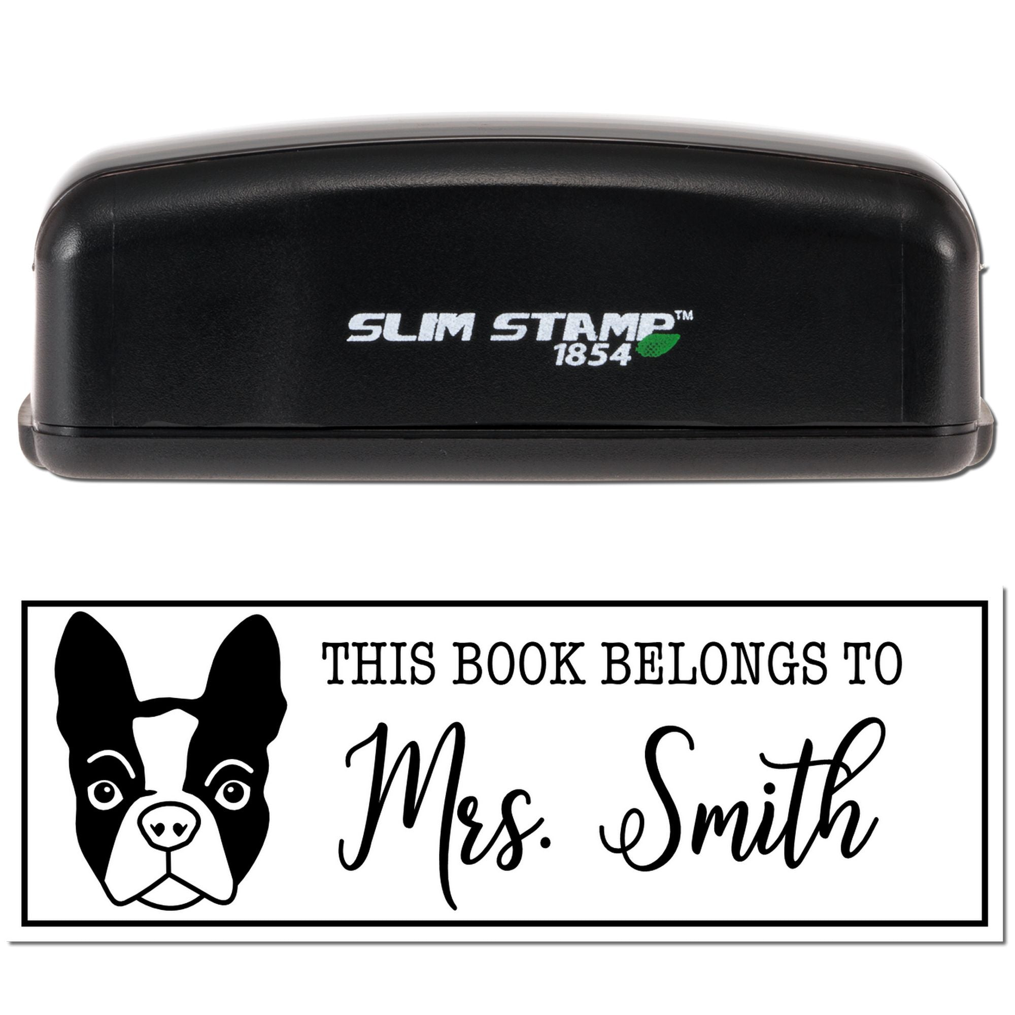 Slim Stamp 1854 custom bookplate rubber stamp with dog design for personalizing books and marking ownership.