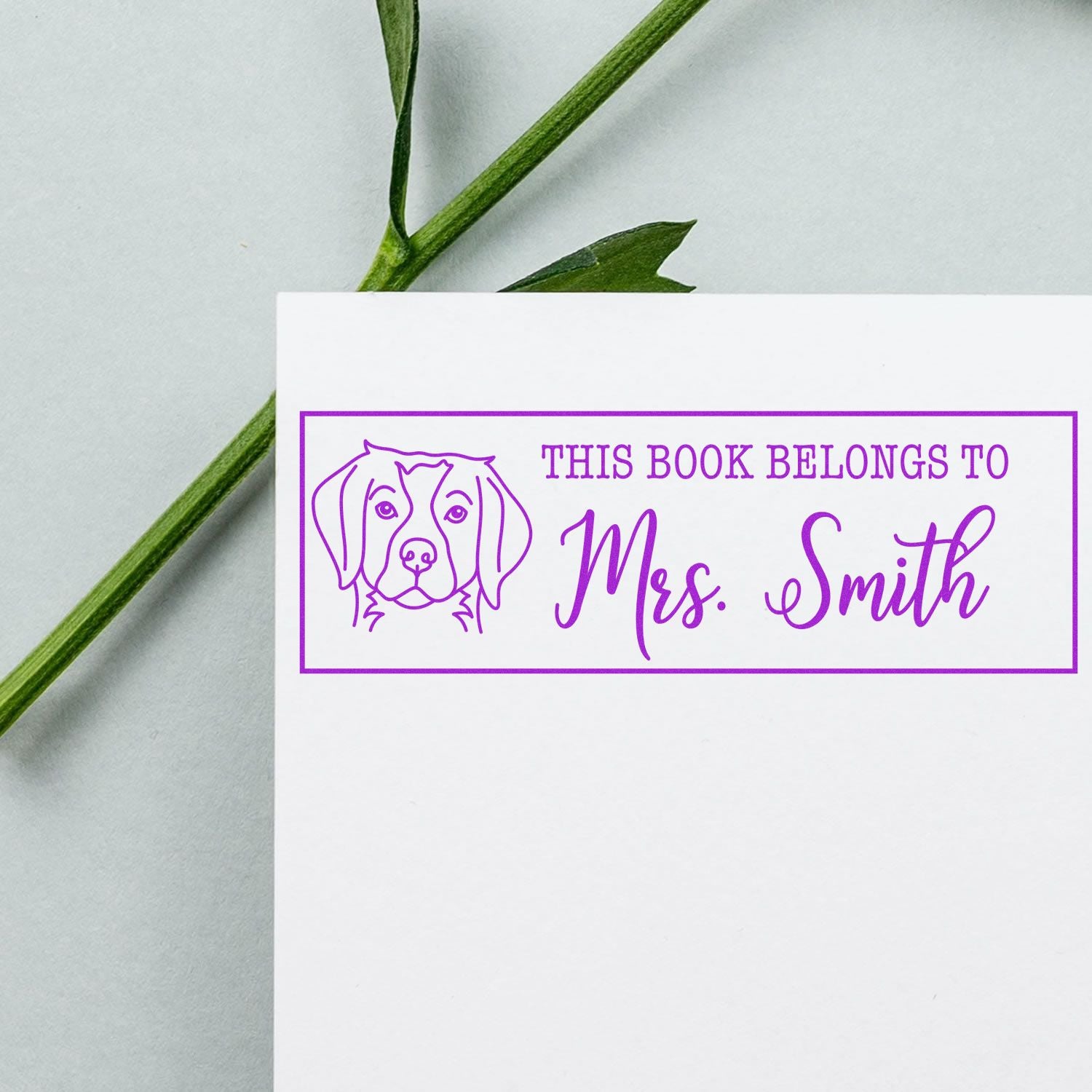 Custom rubber book stamp with dog illustration and This Book Belongs to Mrs. Smith for personalized library labeling.