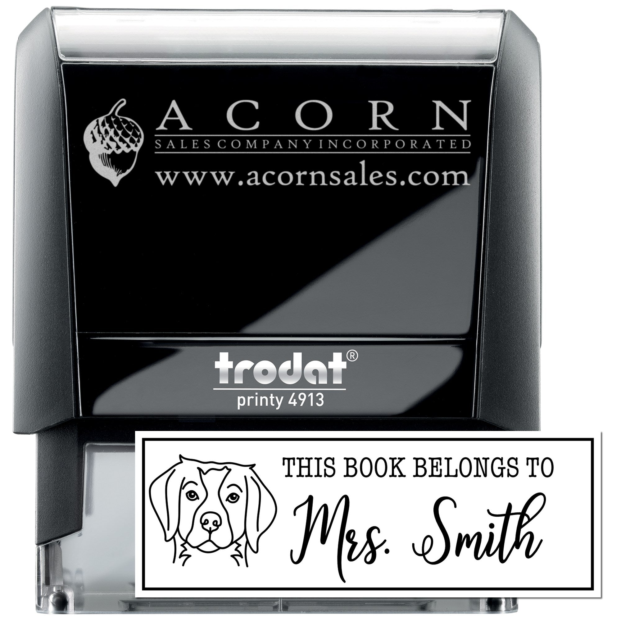 Custom self-inking rubber stamp with logo and personalized This Book Belongs to Mrs. Smith design, Trodat Printy 4913