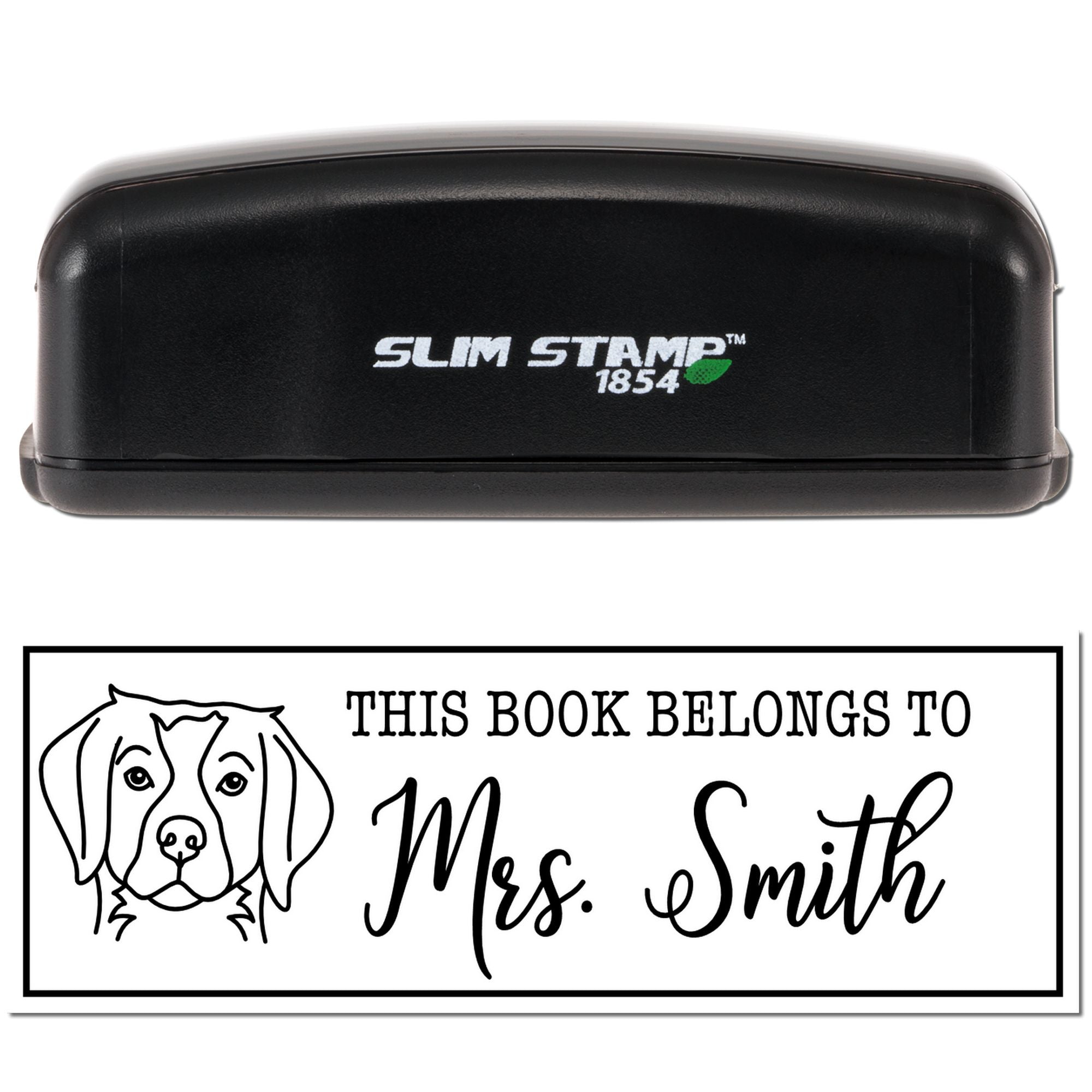 SlimStamp 1854 personalized rubber book stamp with dog illustration and This Book Belongs To Mrs. Smith text.