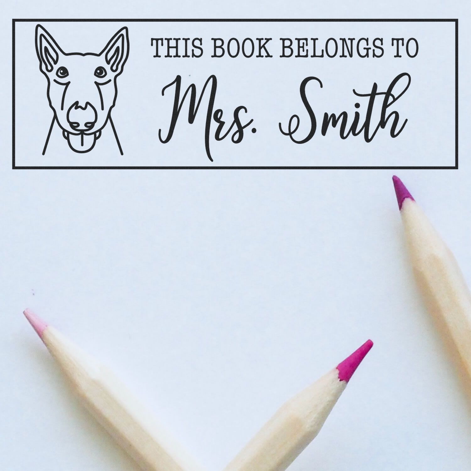 Personalized rubber book stamp with dog design, reading This Book Belongs to Mrs. Smith for custom library book ownership.