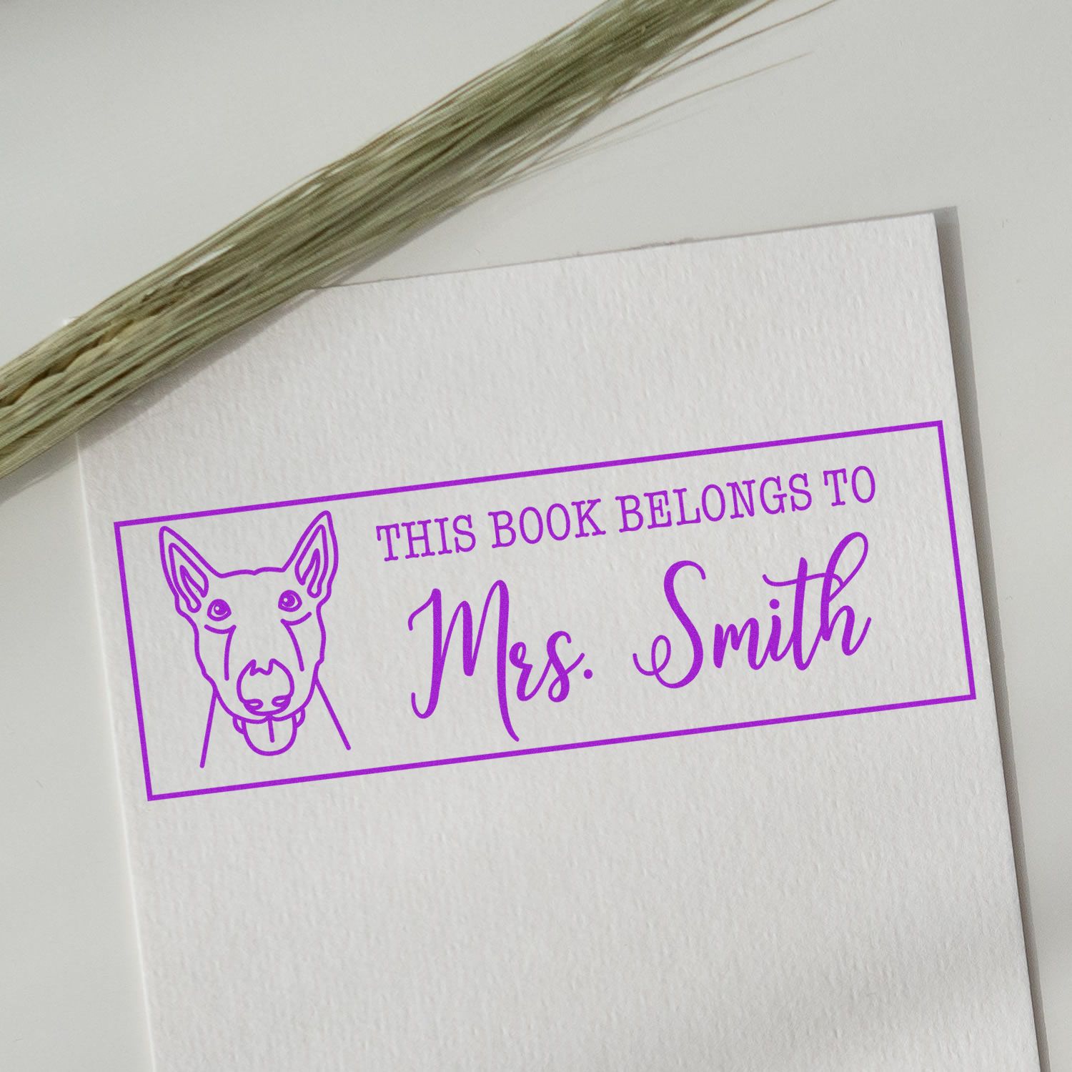 Custom dog book stamp reading This Book Belongs to Mrs. Smith, ideal for personalized rubber stamp bookplates.