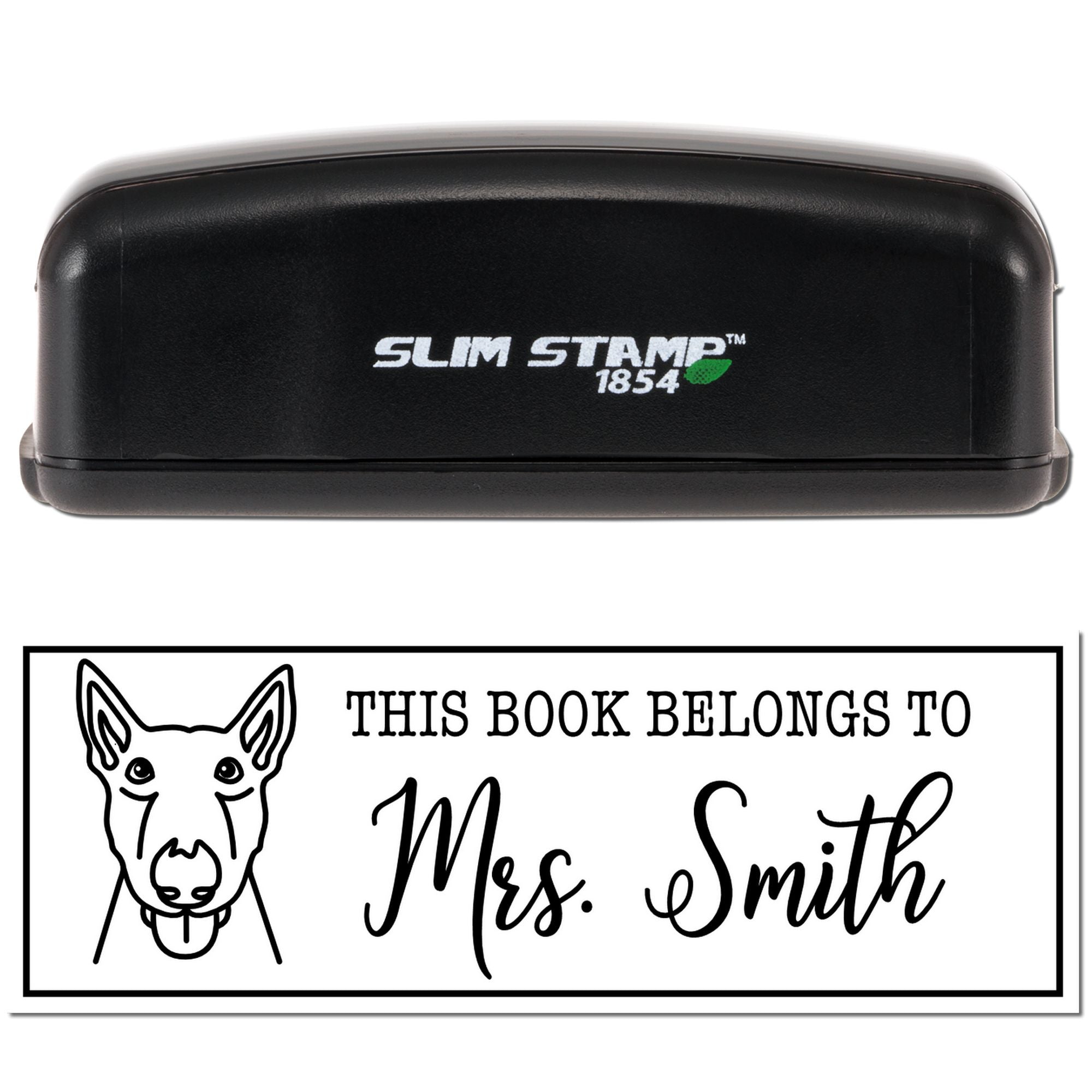Personalized Slim Stamp rubber stamp with dog design and This book belongs to Mrs. Smith custom ex libris imprint