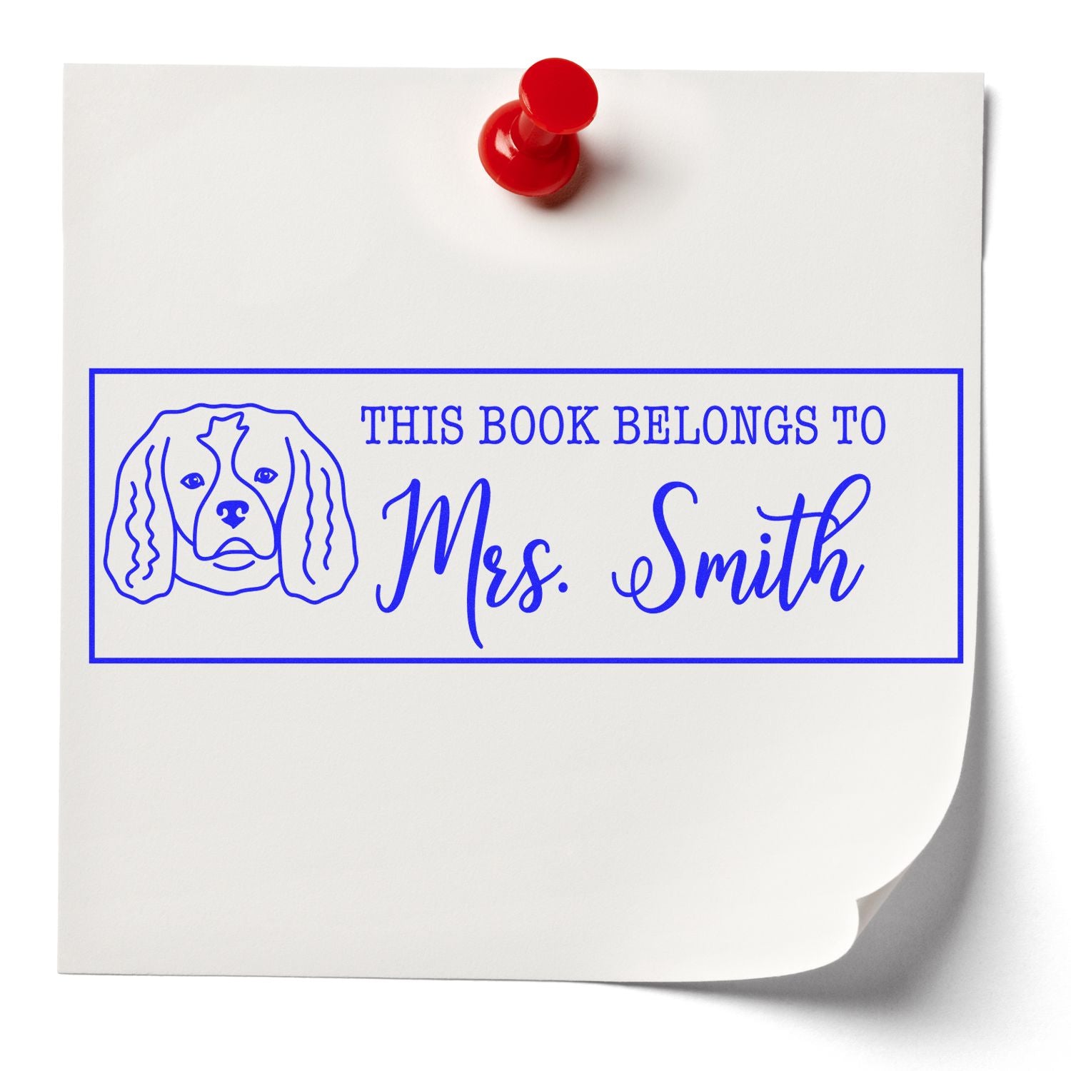 Custom dog book stamp with This Book Belongs to Mrs. Smith for personalized library books and home reading collections.