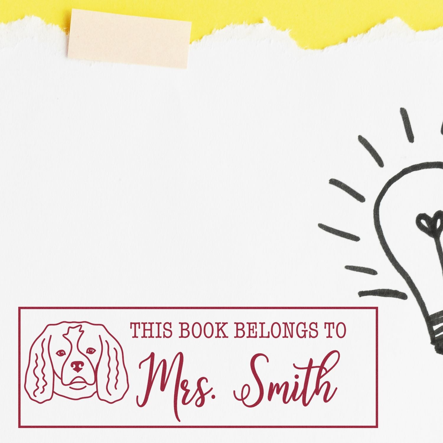 Personalized book belongs to stamp with dog illustration and Mrs. Smith text for labeling books and library collections