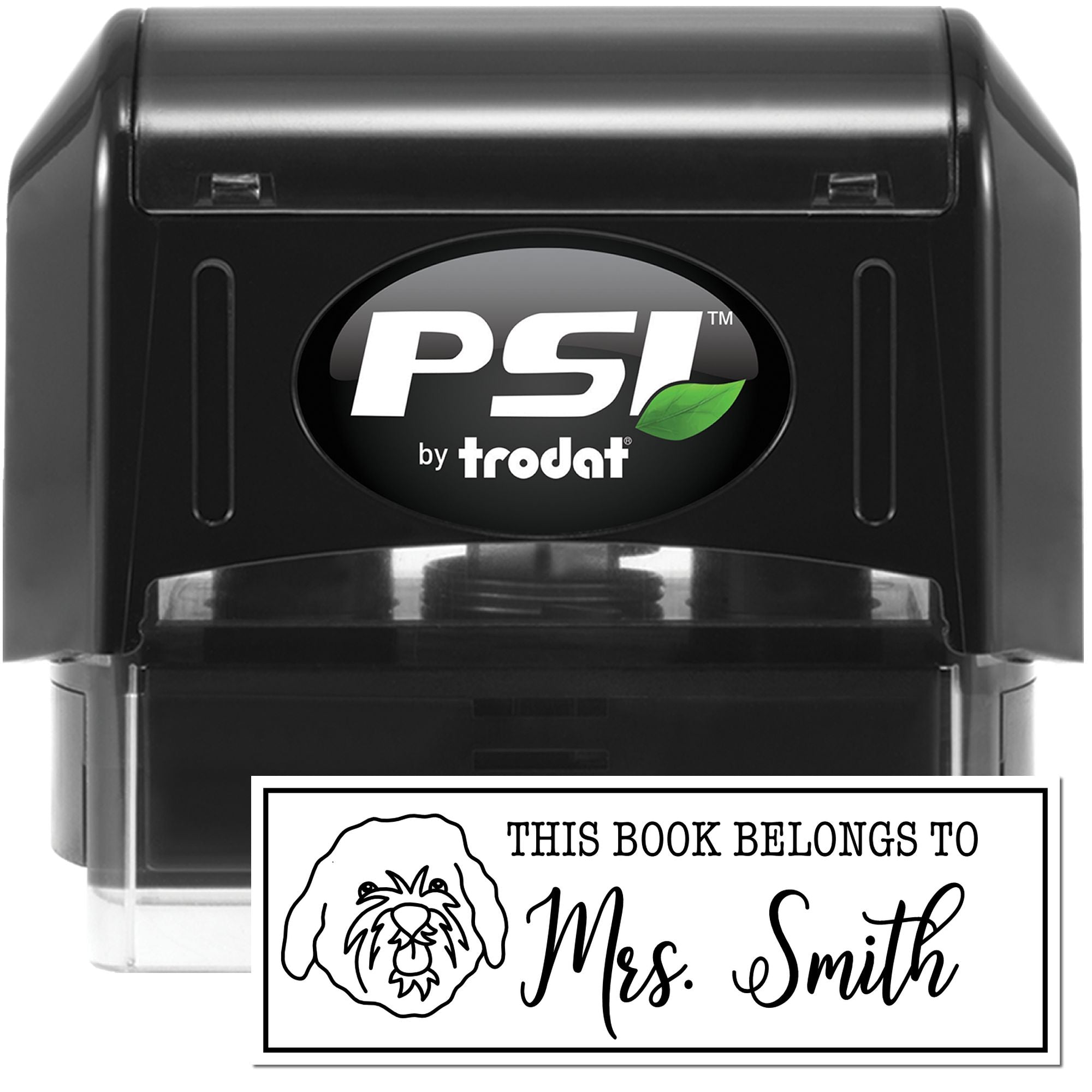 PSI by Trodat self-inking rubber stamp for personalized book labels, featuring This Book Belongs To Mrs. Smith dog design.