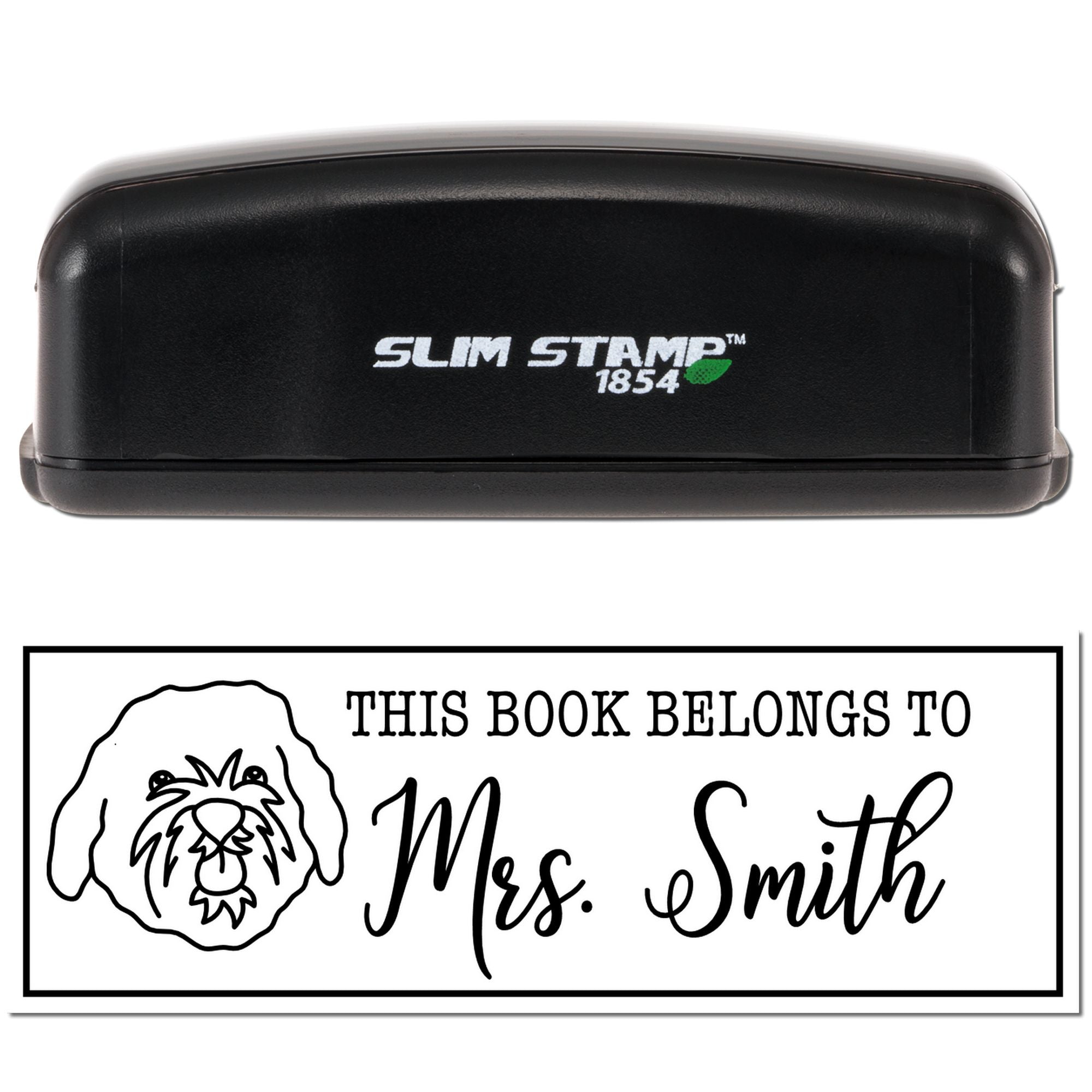 Personalized book stamp reading This book belongs to Mrs. Smith with dog design and Slim Stamp 1854 case.