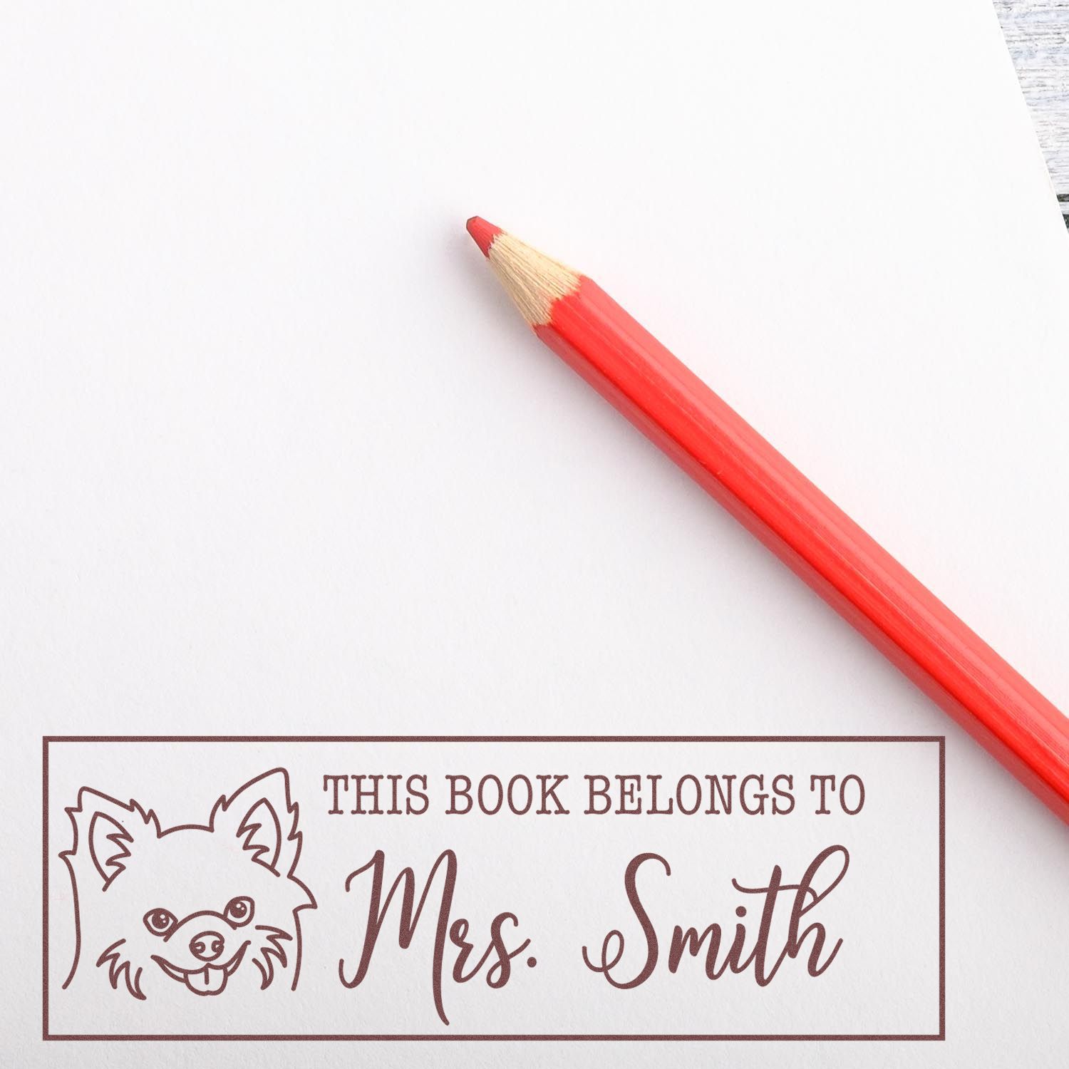 Personalized rubber book stamp with dog design and This Book Belongs to Mrs. Smith for labeling books.