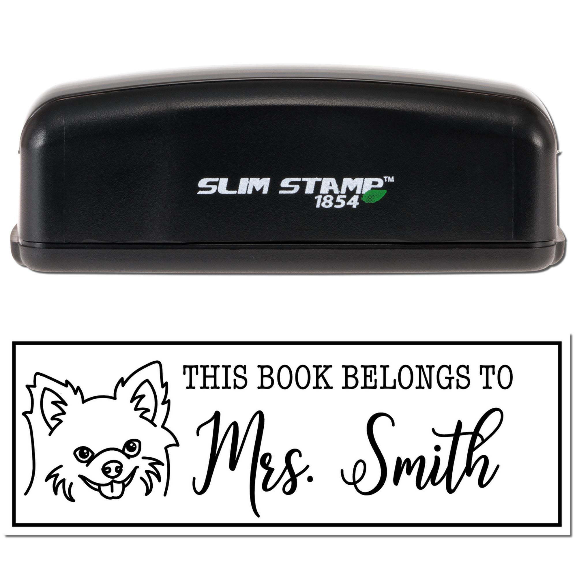 Slim Stamp 1854 custom self-inking rubber stamp for personalized book labels with dog design and Mrs. Smith name.