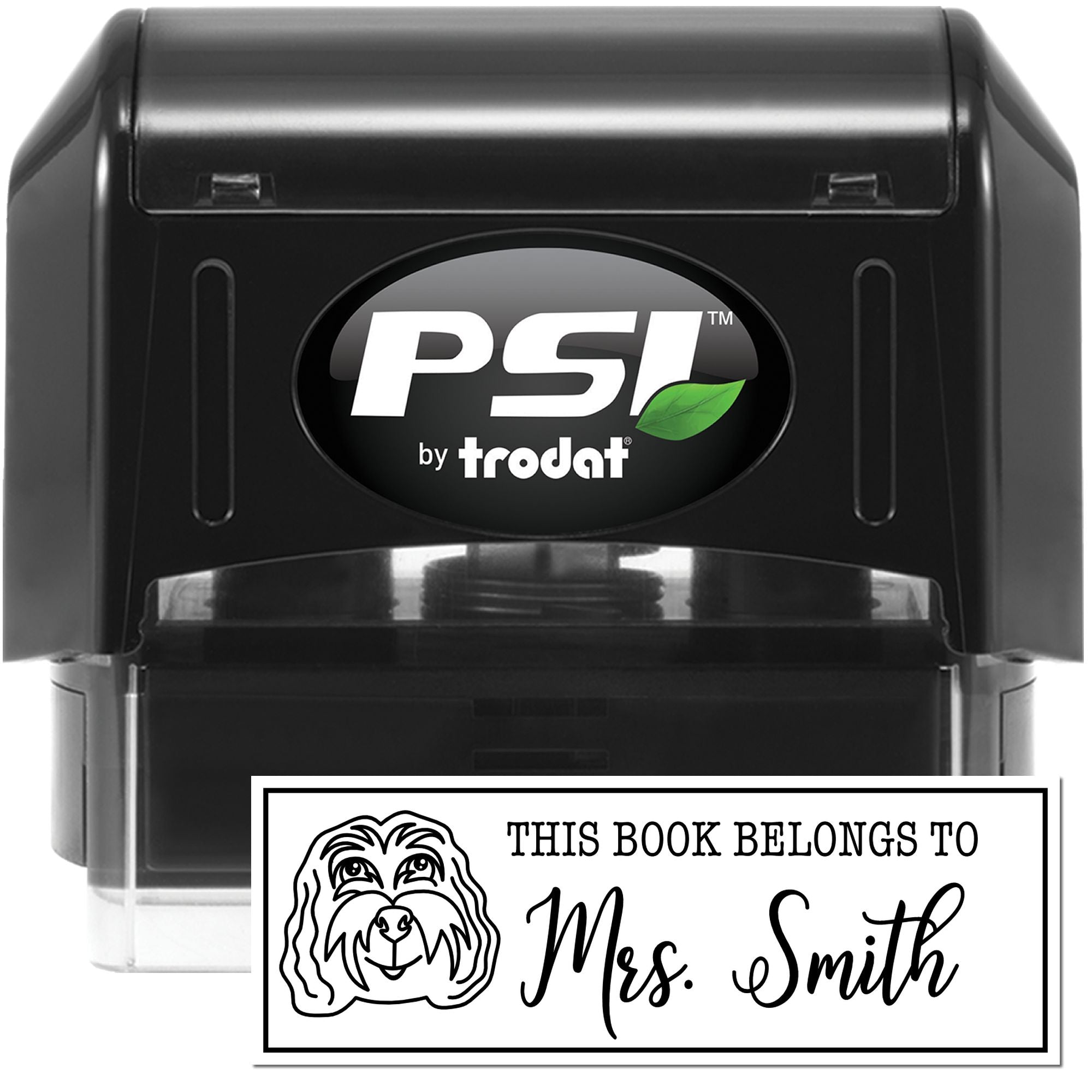 Custom self-inking rubber stamp by PSI by Trodat with personalized This Book Belongs To bookplate design for Mrs. Smith.